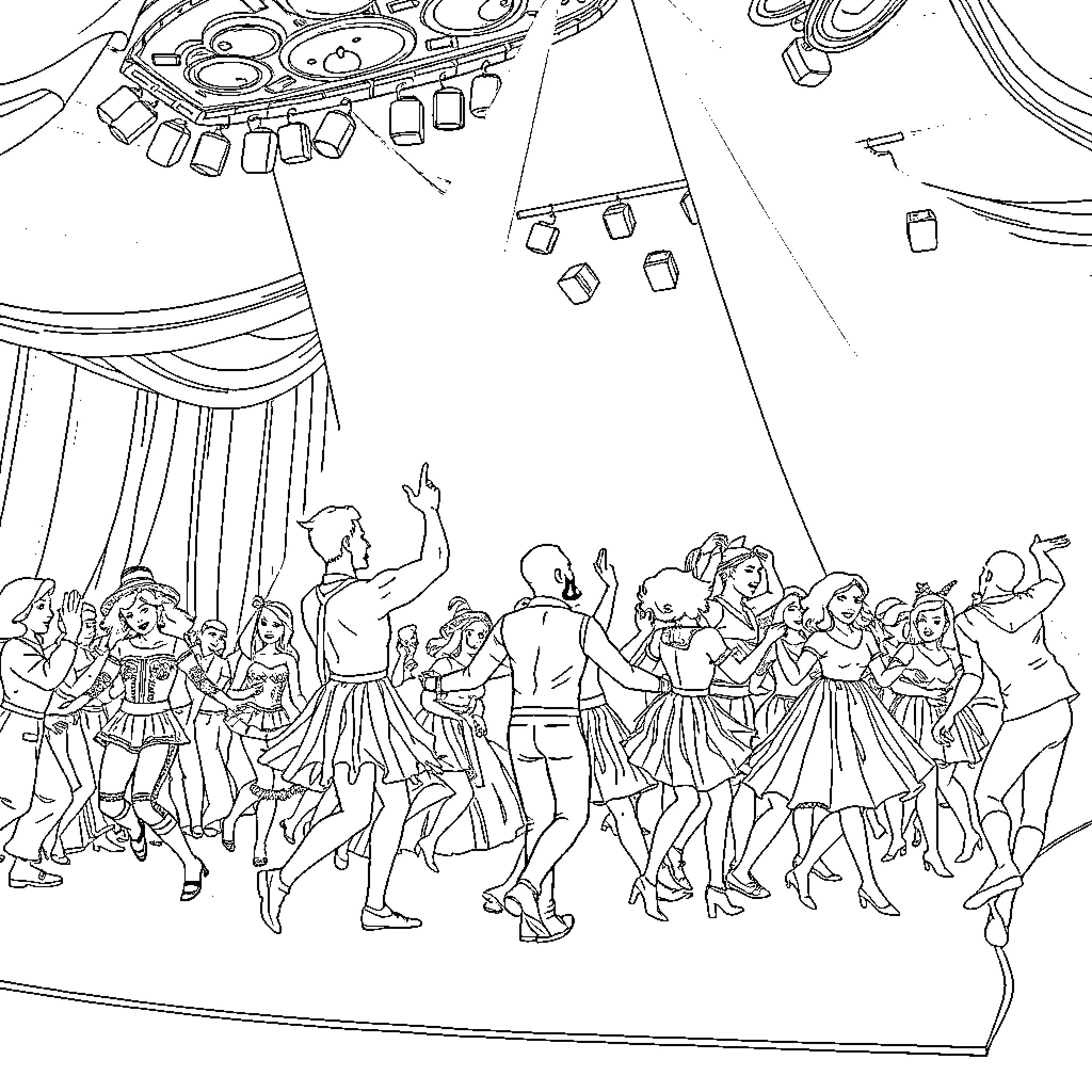 Circus performers in vibrant costumes on stage Coloring Page (free black-and-white line drawing printable PDF for all, from beginners to advanced learners, including children, teens, adults, and seniors)
