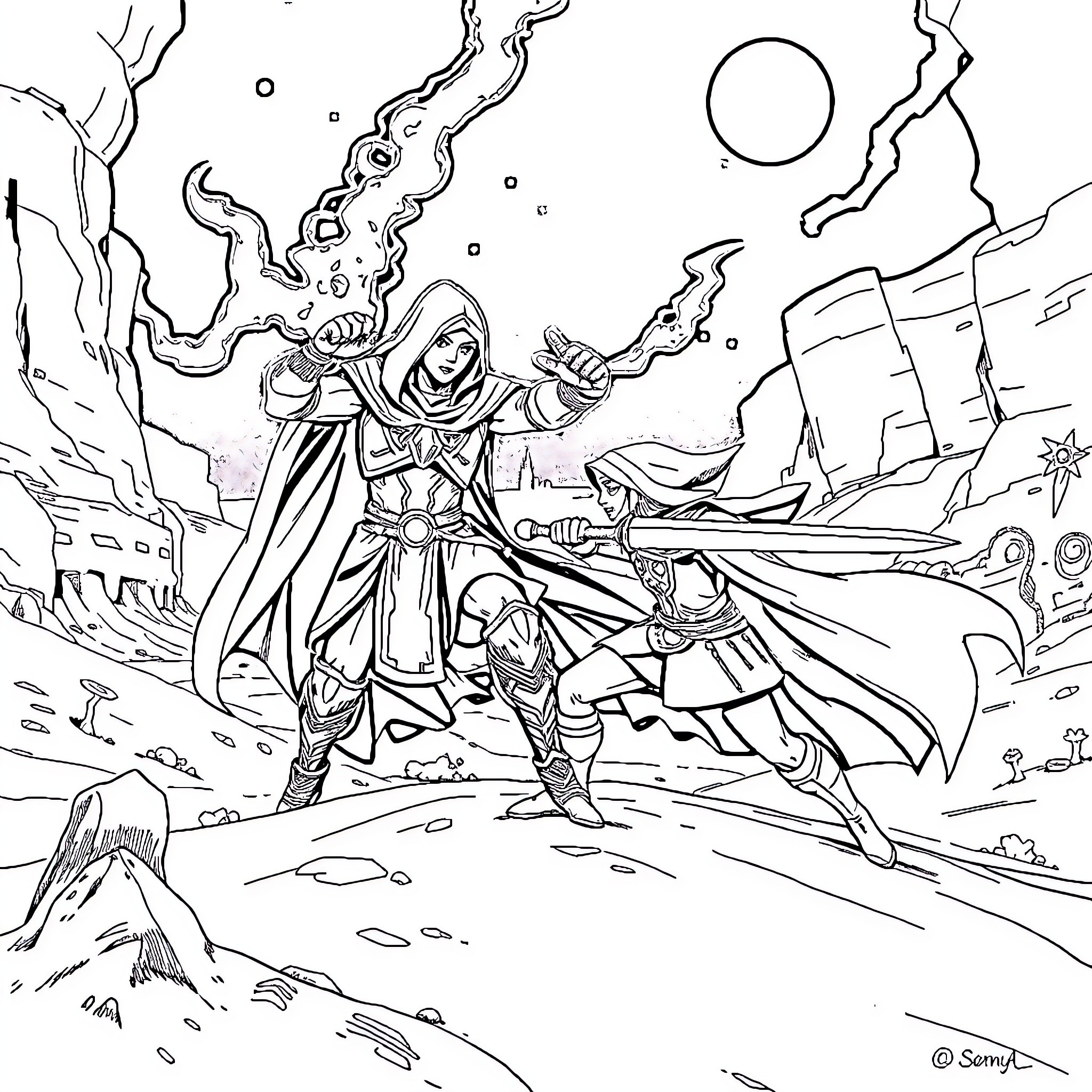 Link's Epic Fantasy Adventure Coloring Page (free black-and-white line drawing printable PDF for all, from beginners to advanced learners, including children, teens, adults, and seniors)