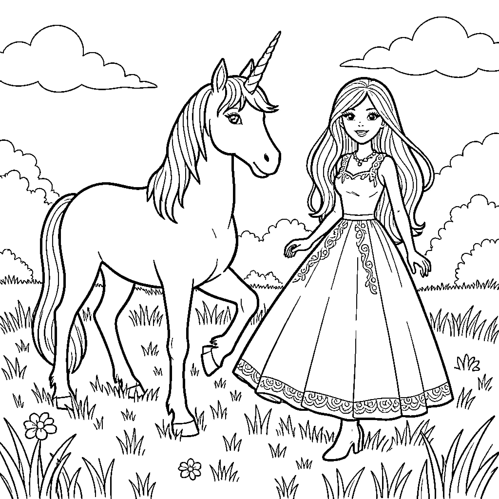 Licorne standing beside a smiling girl in a meadow Coloring Page (free black-and-white line drawing printable PDF for all, from beginners to advanced learners, including children, teens, adults, and seniors)