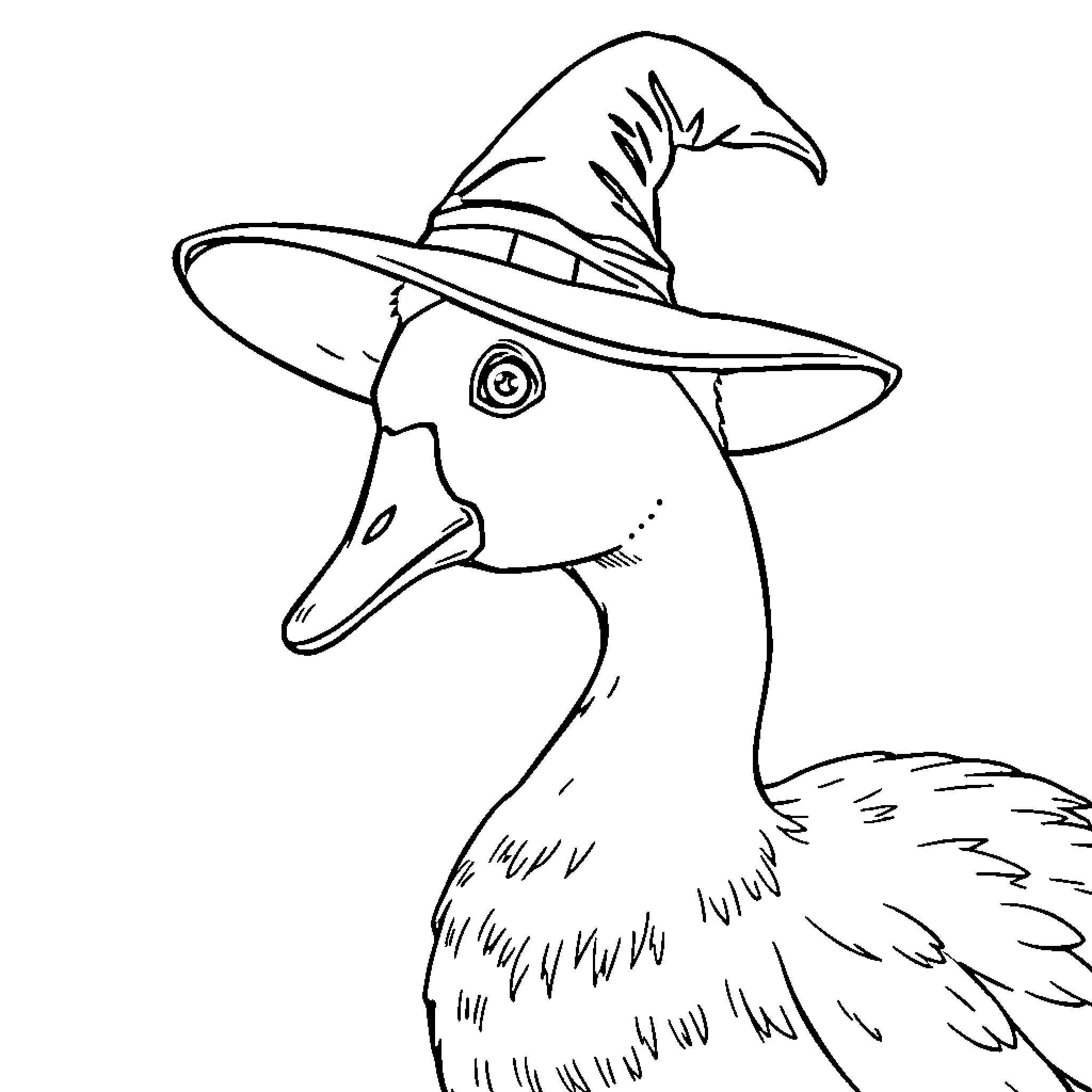 Goose wearing a witch hat and looking curious Coloring Page (free black-and-white line drawing printable PDF for all, from beginners to advanced learners, including children, teens, adults, and seniors)