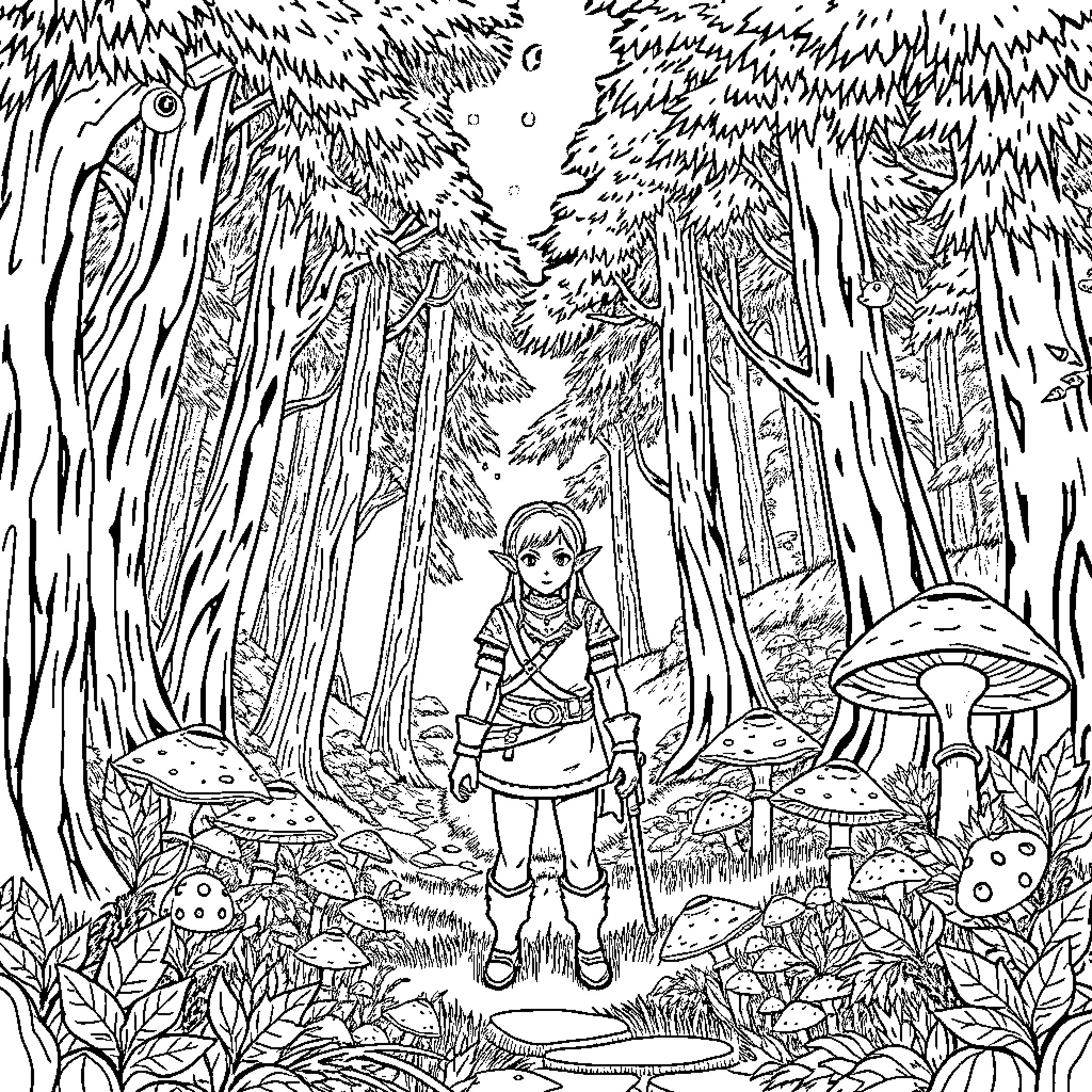 Zelda Exploring the Enchanted Forest Coloring Page (free black-and-white line drawing printable PDF for all, from beginners to advanced learners, including children, teens, adults, and seniors)