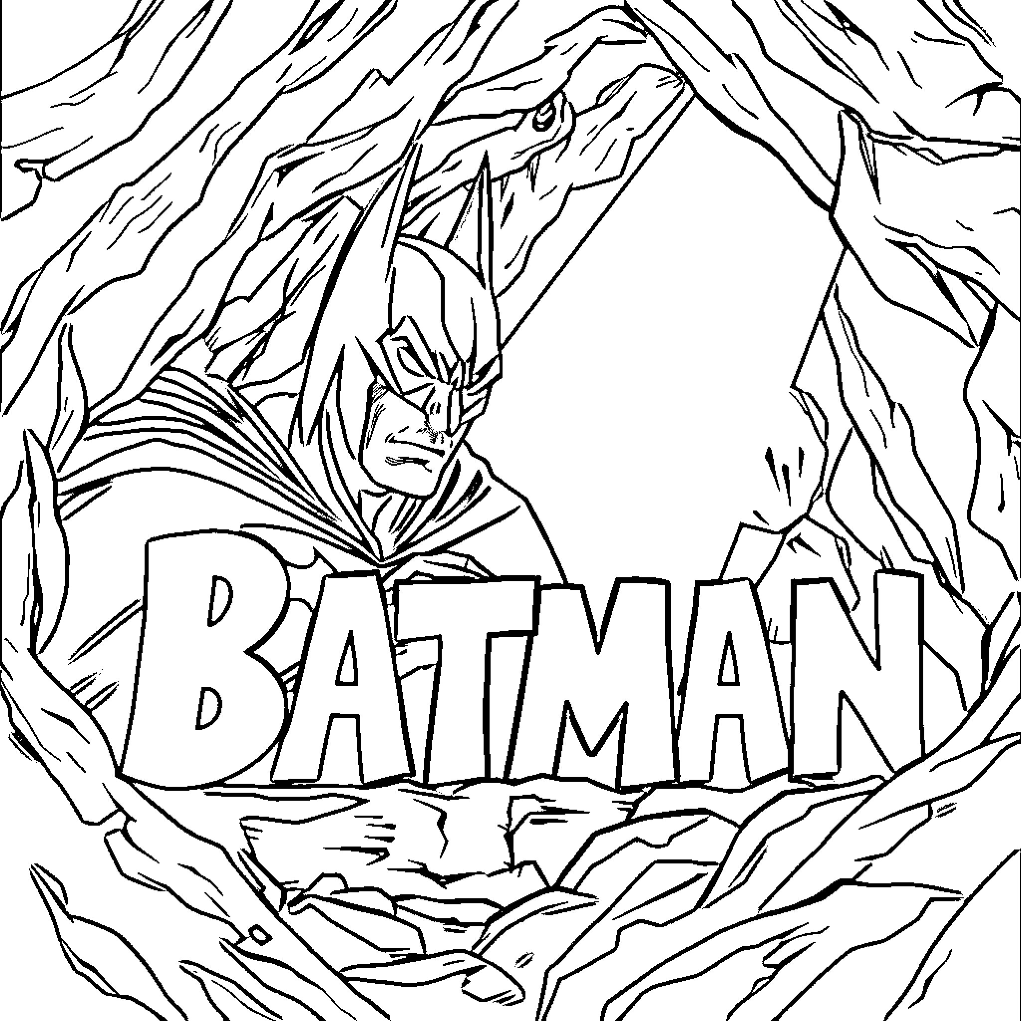 Batman emerging from a dark, abstract background Coloring Page (free black-and-white line drawing printable PDF for all, from beginners to advanced learners, including children, teens, adults, and seniors)