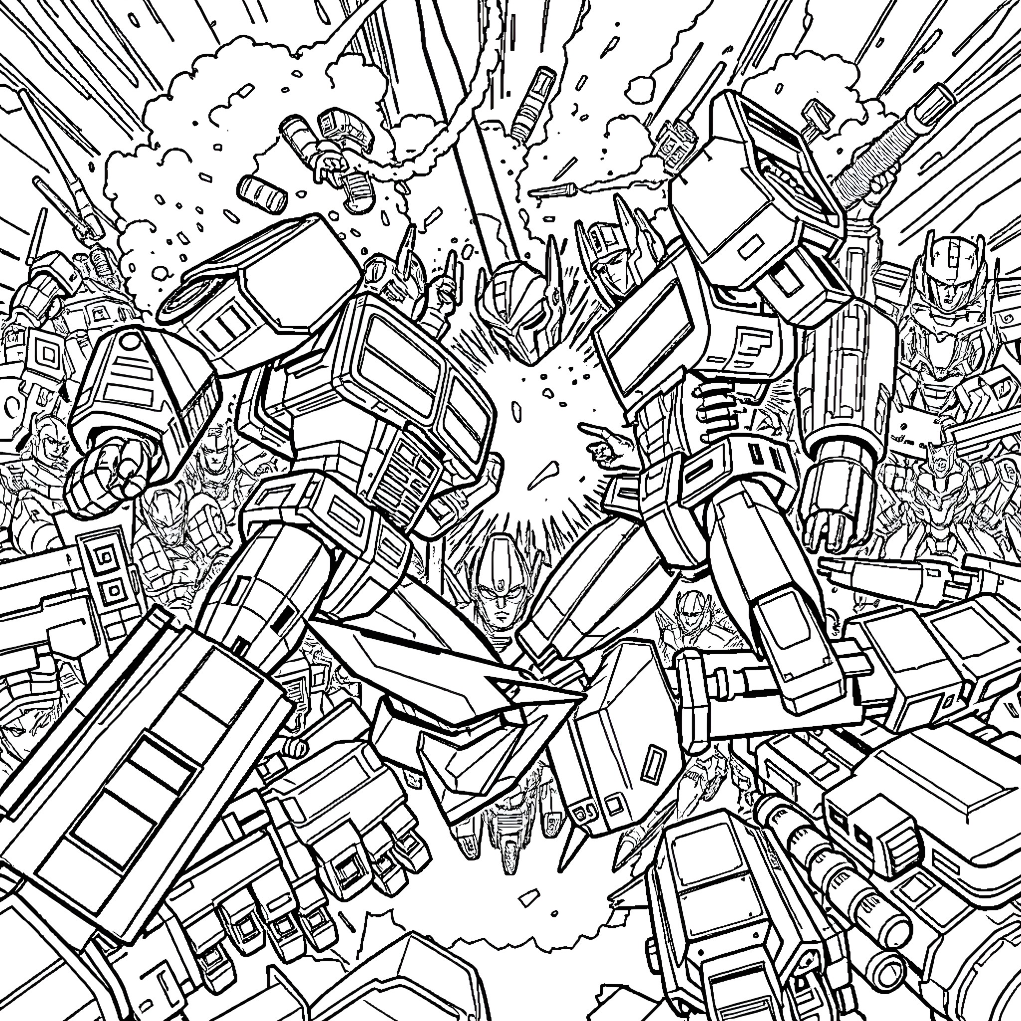 Transformer Robot Battle in Futuristic Cityscape Coloring Page (free black-and-white line drawing printable PDF for all, from beginners to advanced learners, including children, teens, adults, and seniors)