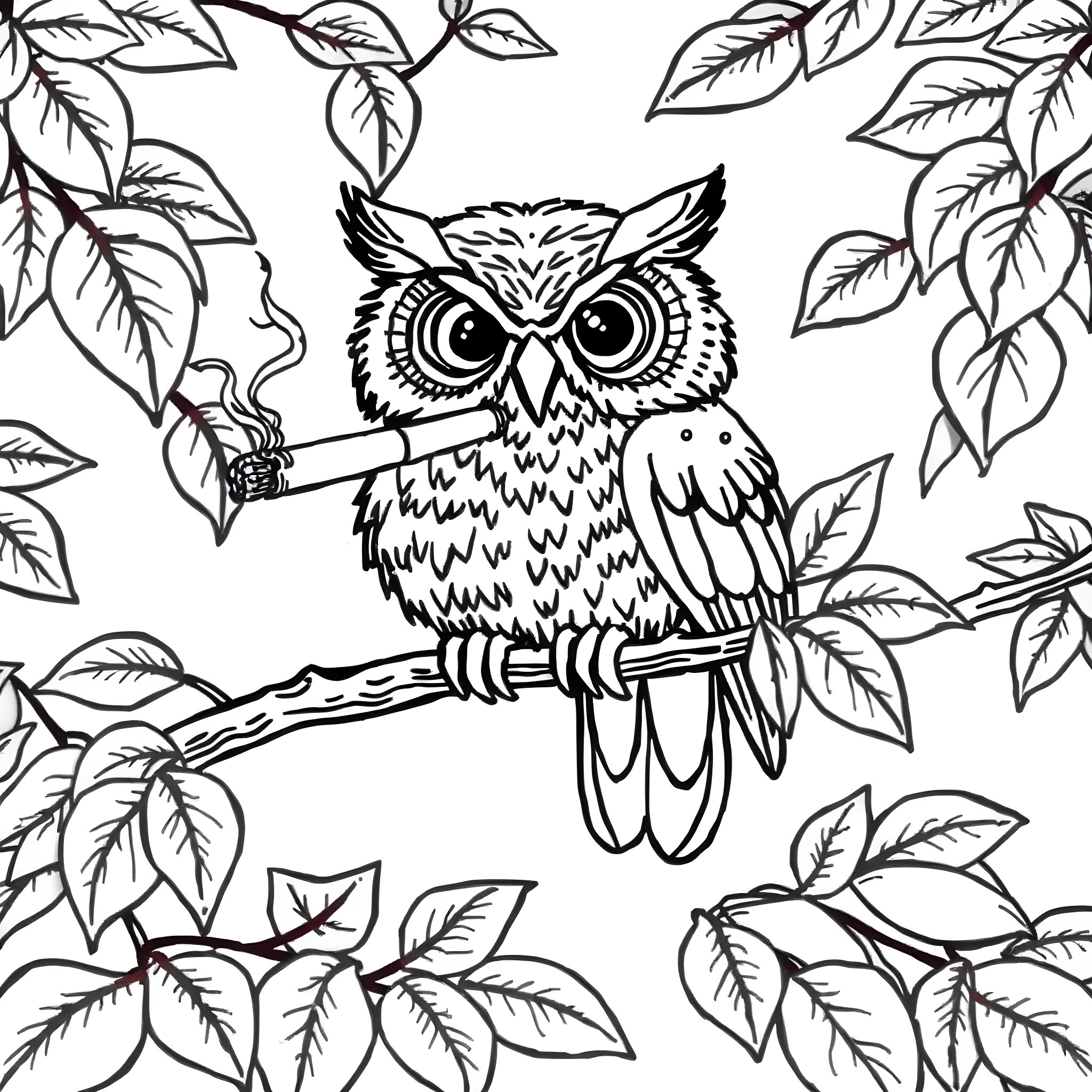 Owl perched among leafy branches Coloring Page (free black-and-white line drawing printable PDF for all, from beginners to advanced learners, including children, teens, adults, and seniors)
