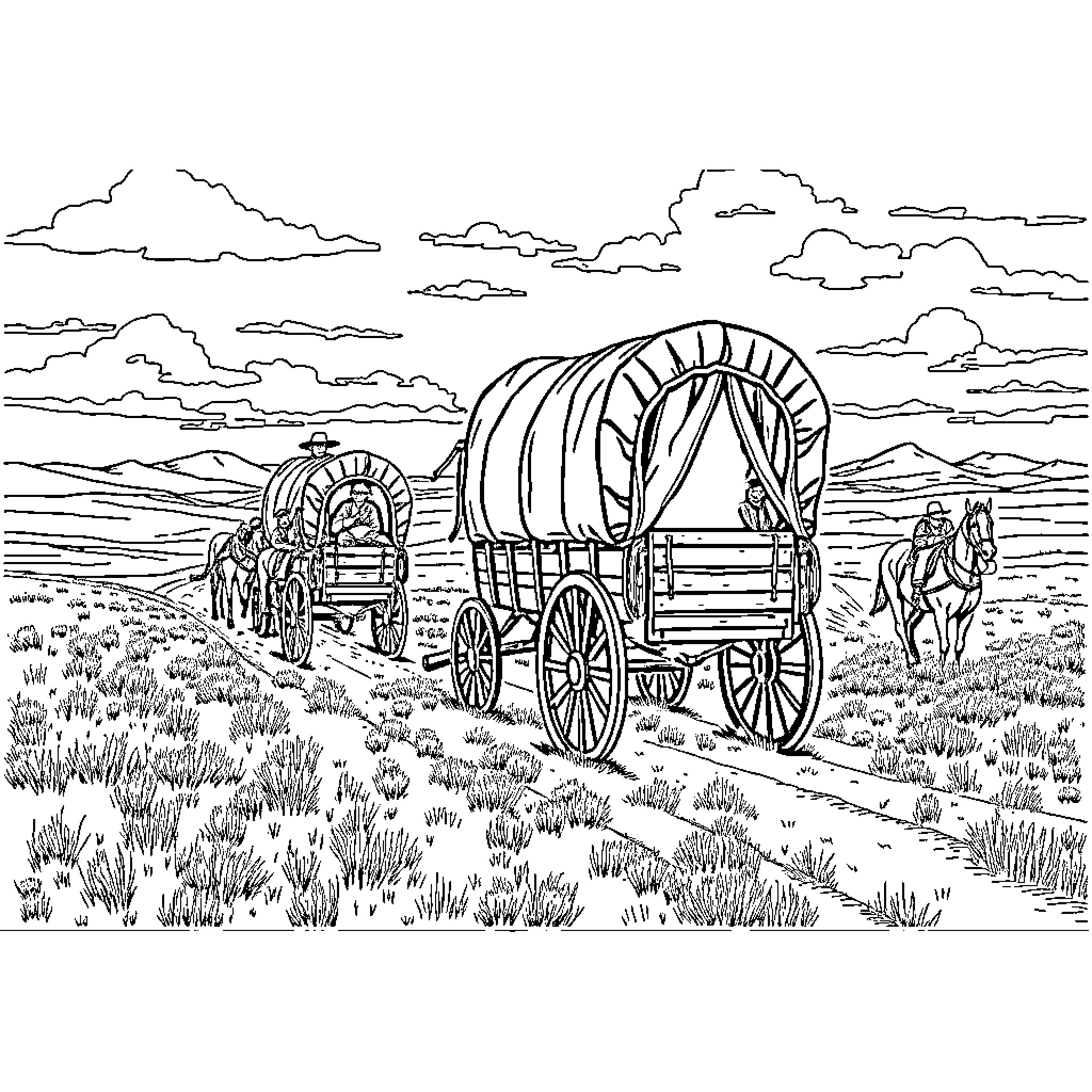 Pioneer wagon caravan on the frontier Coloring Page (free black-and-white line drawing printable PDF for all, from beginners to advanced learners, including children, teens, adults, and seniors)