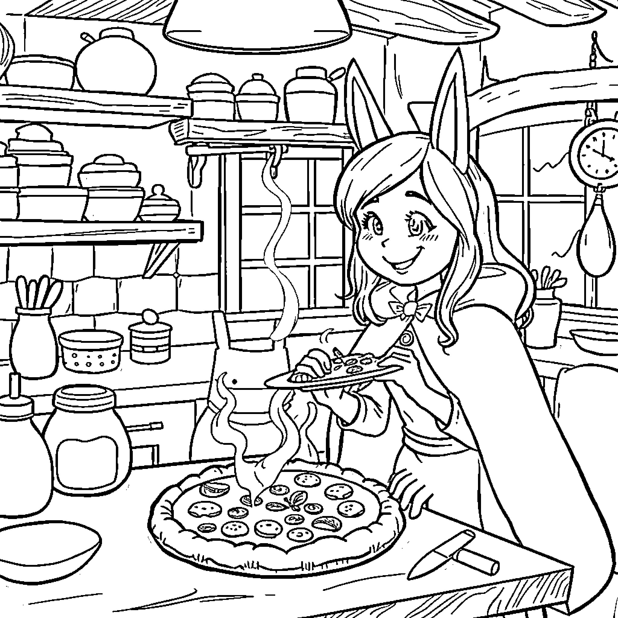 Little Red Riding Hood Baking Cookies in the Kitchen Coloring Page (free black-and-white line drawing printable PDF for all, from beginners to advanced learners, including children, teens, adults, and seniors)