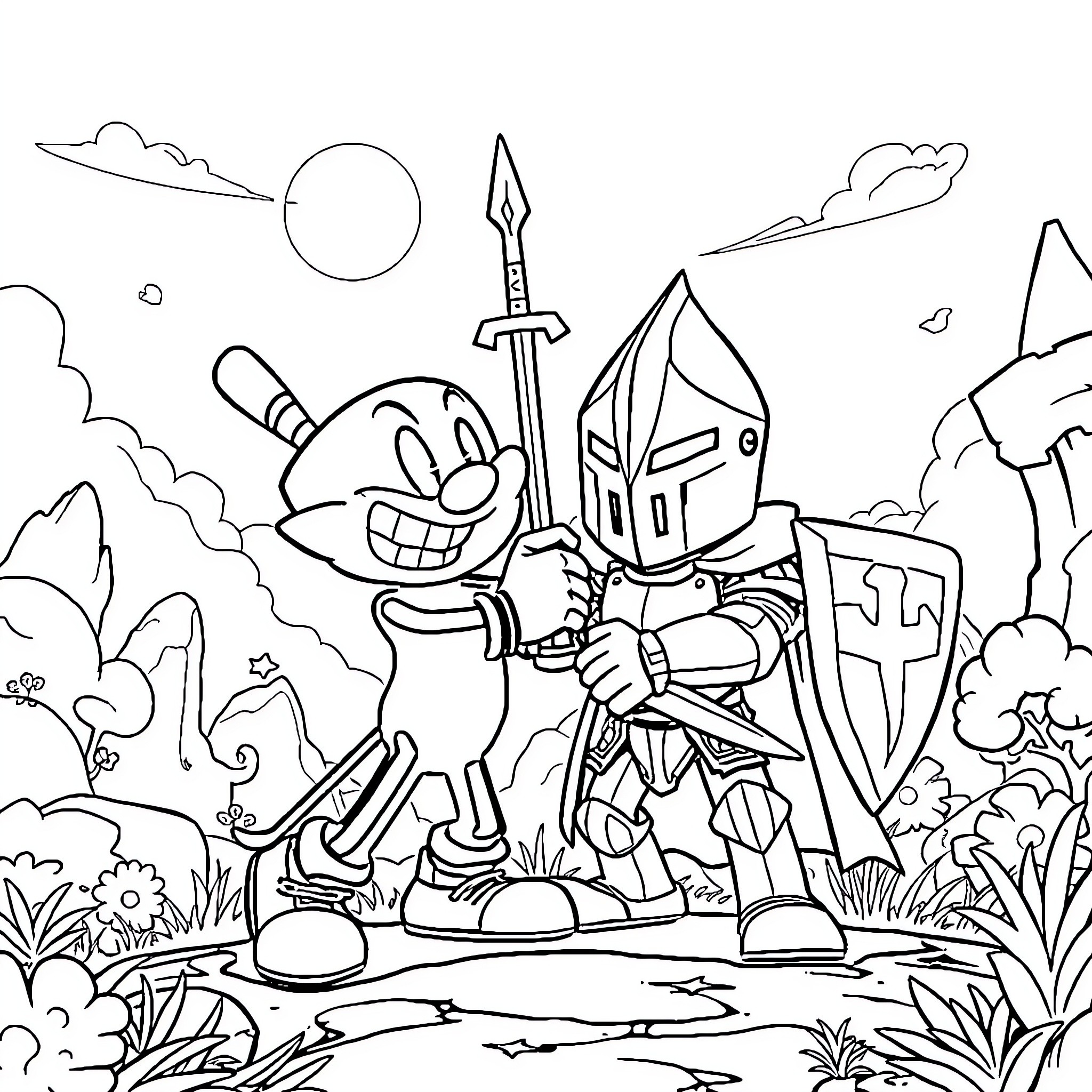 Cuphead adventures with a knight in a whimsical landscape Coloring Page (free black-and-white line drawing printable PDF for all, from beginners to advanced learners, including children, teens, adults, and seniors)