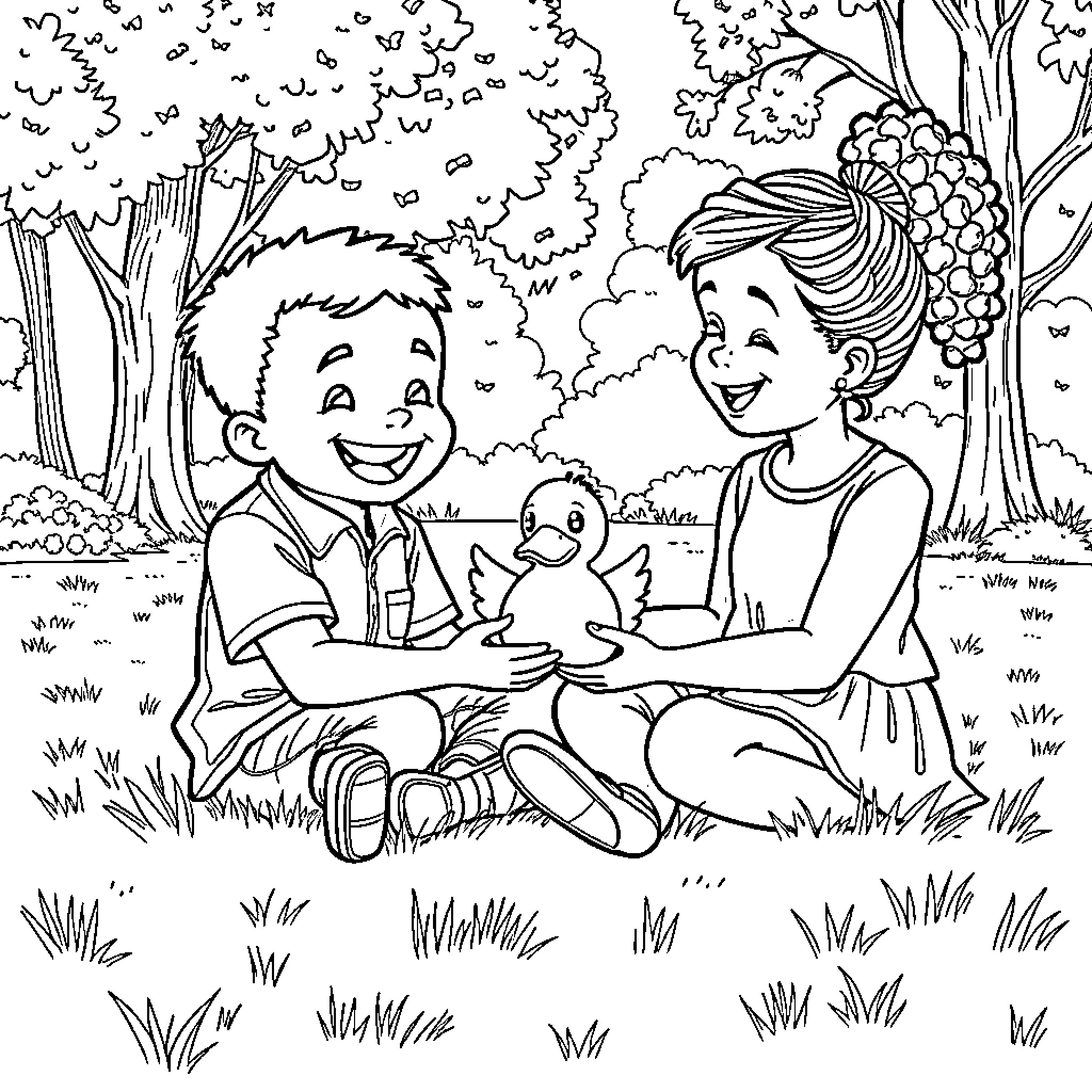 Child Friends Playing Together in Nature Coloring Page (free black-and-white line drawing printable PDF for all, from beginners to advanced learners, including children, teens, adults, and seniors)