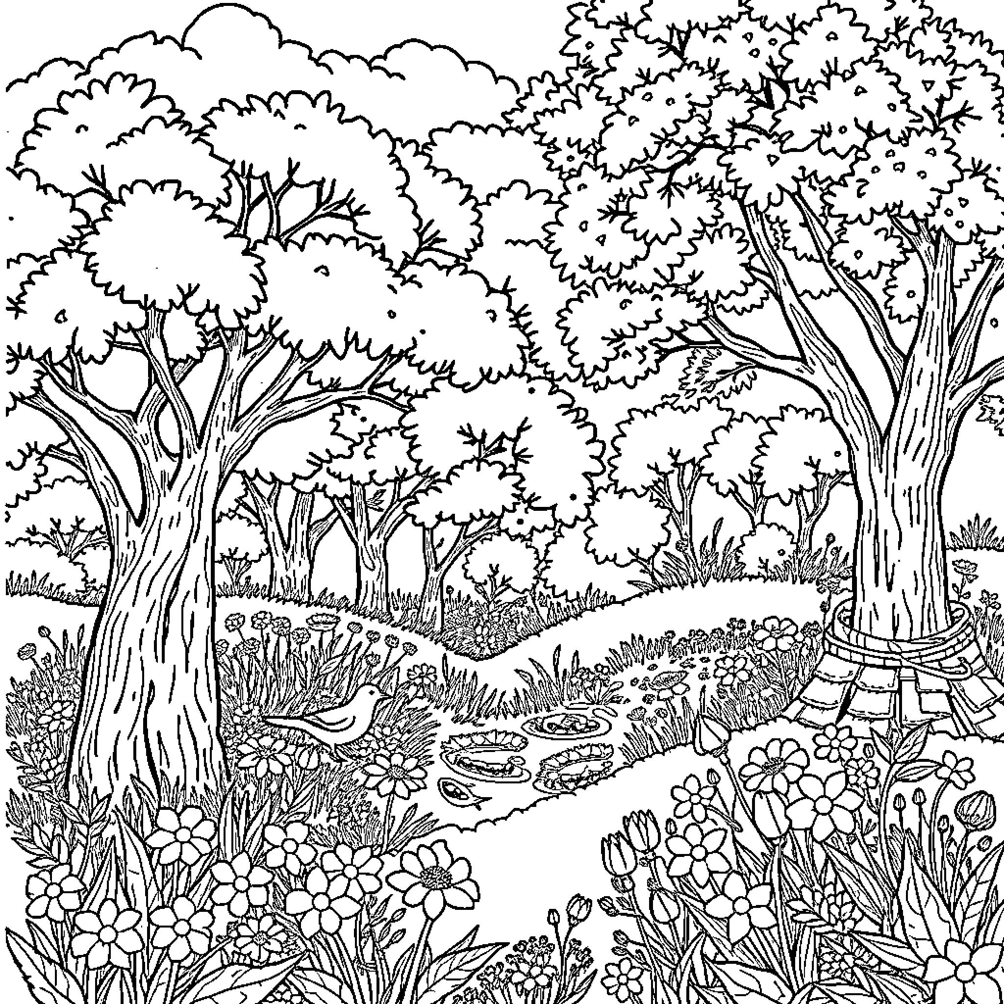 Nature's Enchanting Forest Path Coloring Page (free black-and-white line drawing printable PDF for all, from beginners to advanced learners, including children, teens, adults, and seniors)