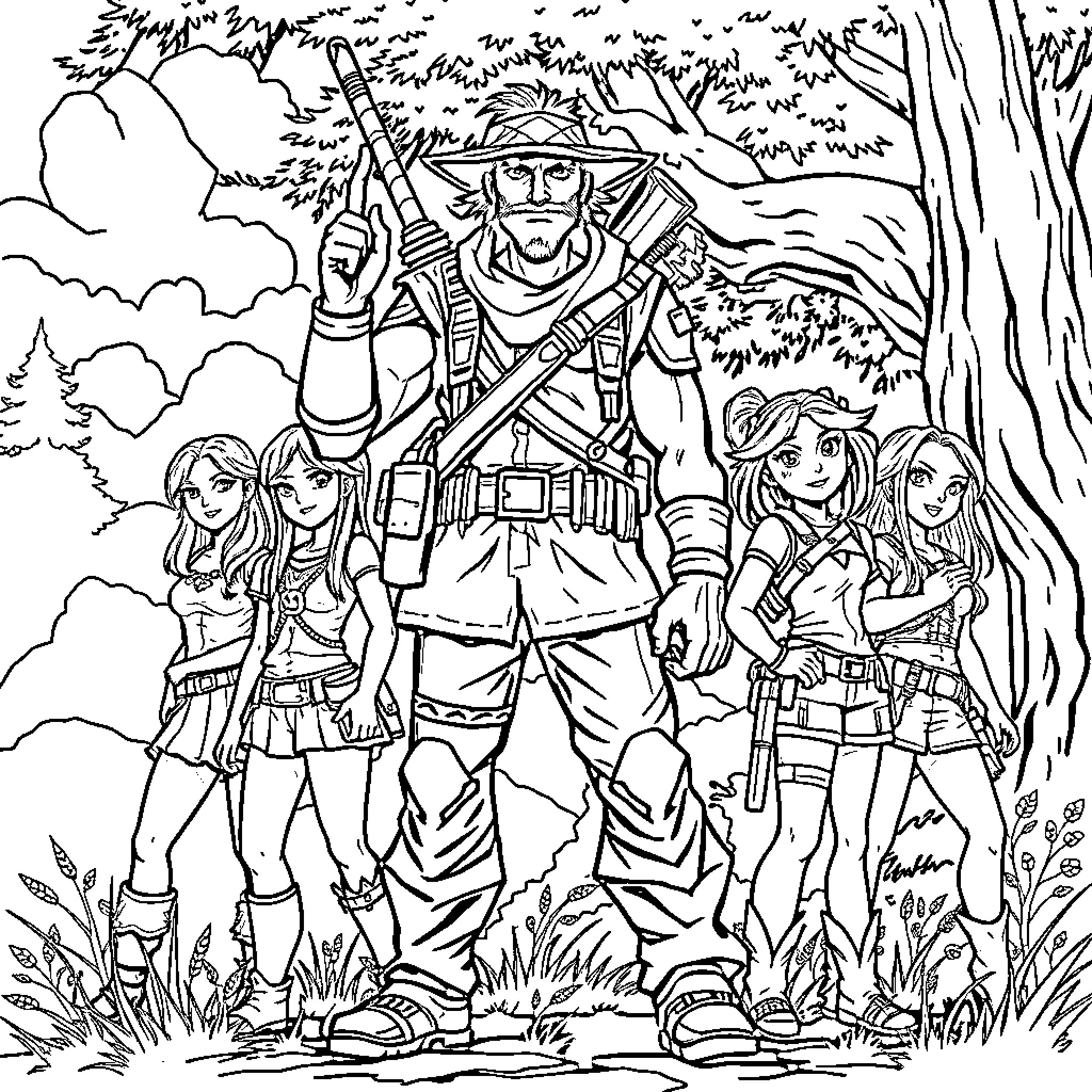 Hunter and his squad in the wilderness Coloring Page (free black-and-white line drawing printable PDF for all, from beginners to advanced learners, including children, teens, adults, and seniors)