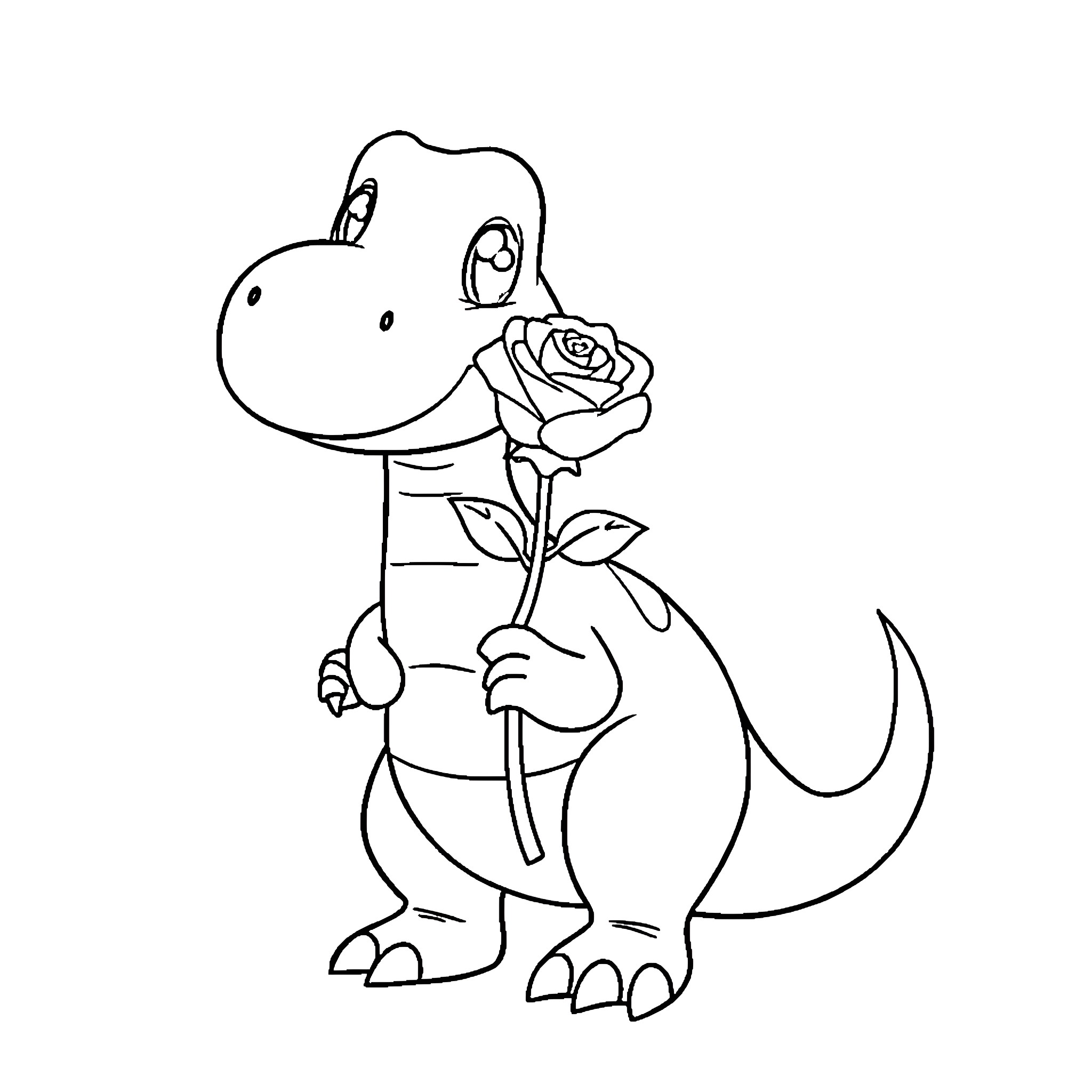 Dinosaur holding a rose Coloring Page (free black-and-white line drawing printable PDF for all, from beginners to advanced learners, including children, teens, adults, and seniors)