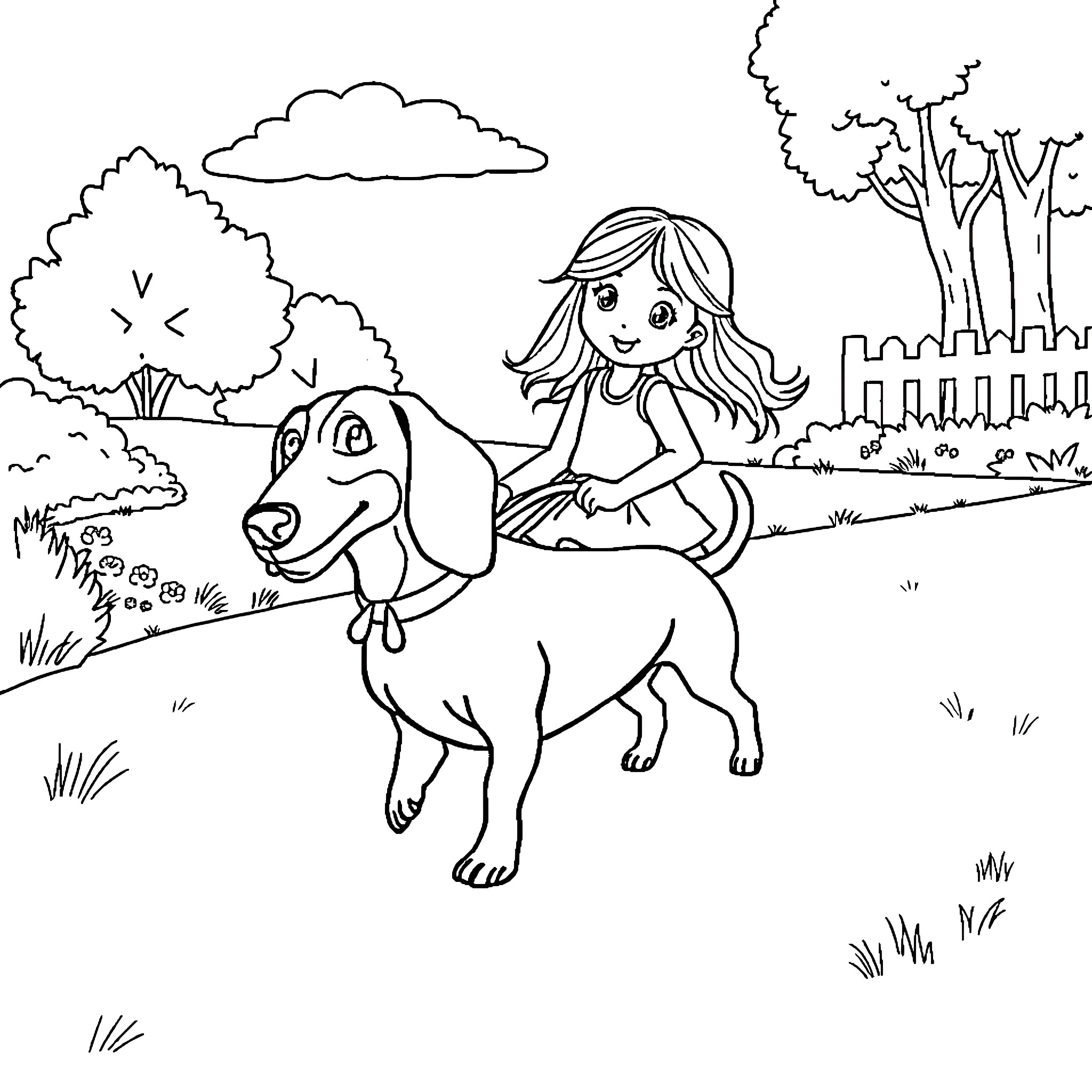 Girl riding a happy dog in the park Coloring Page (free black-and-white line drawing printable PDF for all, from beginners to advanced learners, including children, teens, adults, and seniors)