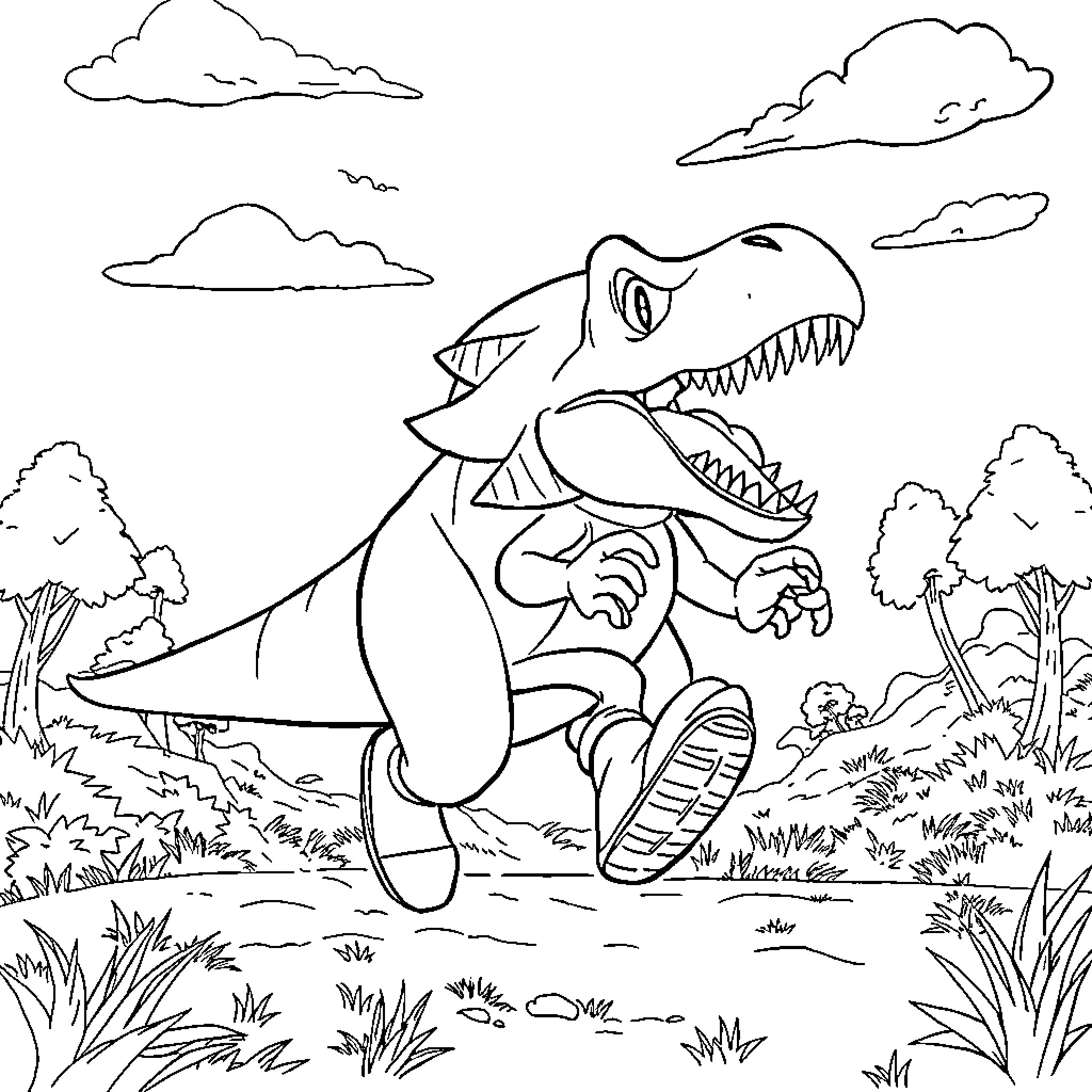 Sonic dinosaur stomping through the forest Coloring Page (free black-and-white line drawing printable PDF for all, from beginners to advanced learners, including children, teens, adults, and seniors)