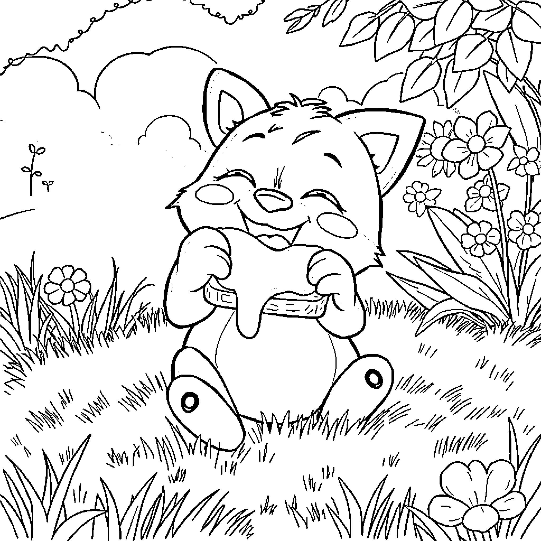 Bluey playing happily in a lush garden Coloring Page (free black-and-white line drawing printable PDF for all, from beginners to advanced learners, including children, teens, adults, and seniors)