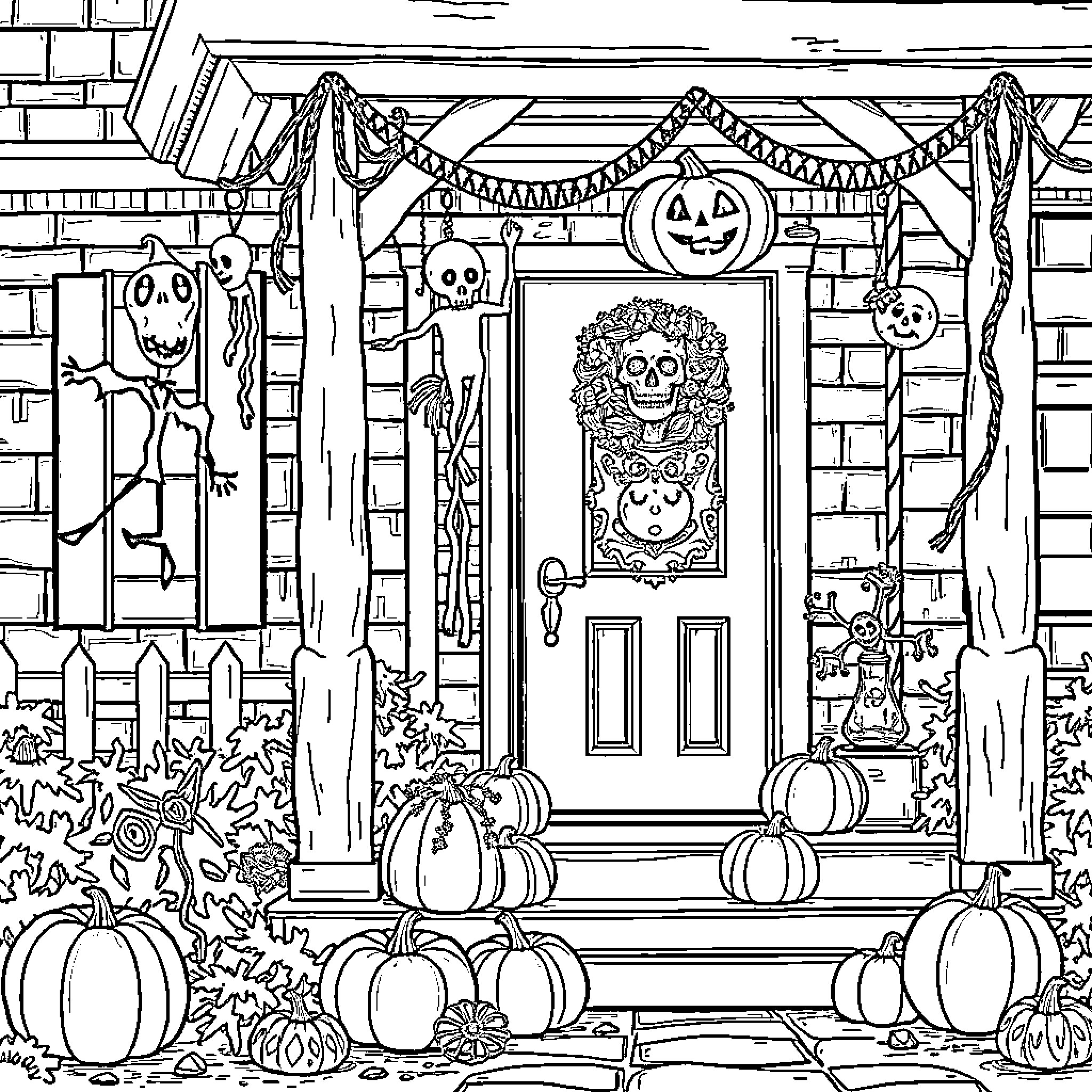Halloween House Decorated for the Spooky Season Coloring Page (free black-and-white line drawing printable PDF for all, from beginners to advanced learners, including children, teens, adults, and seniors)