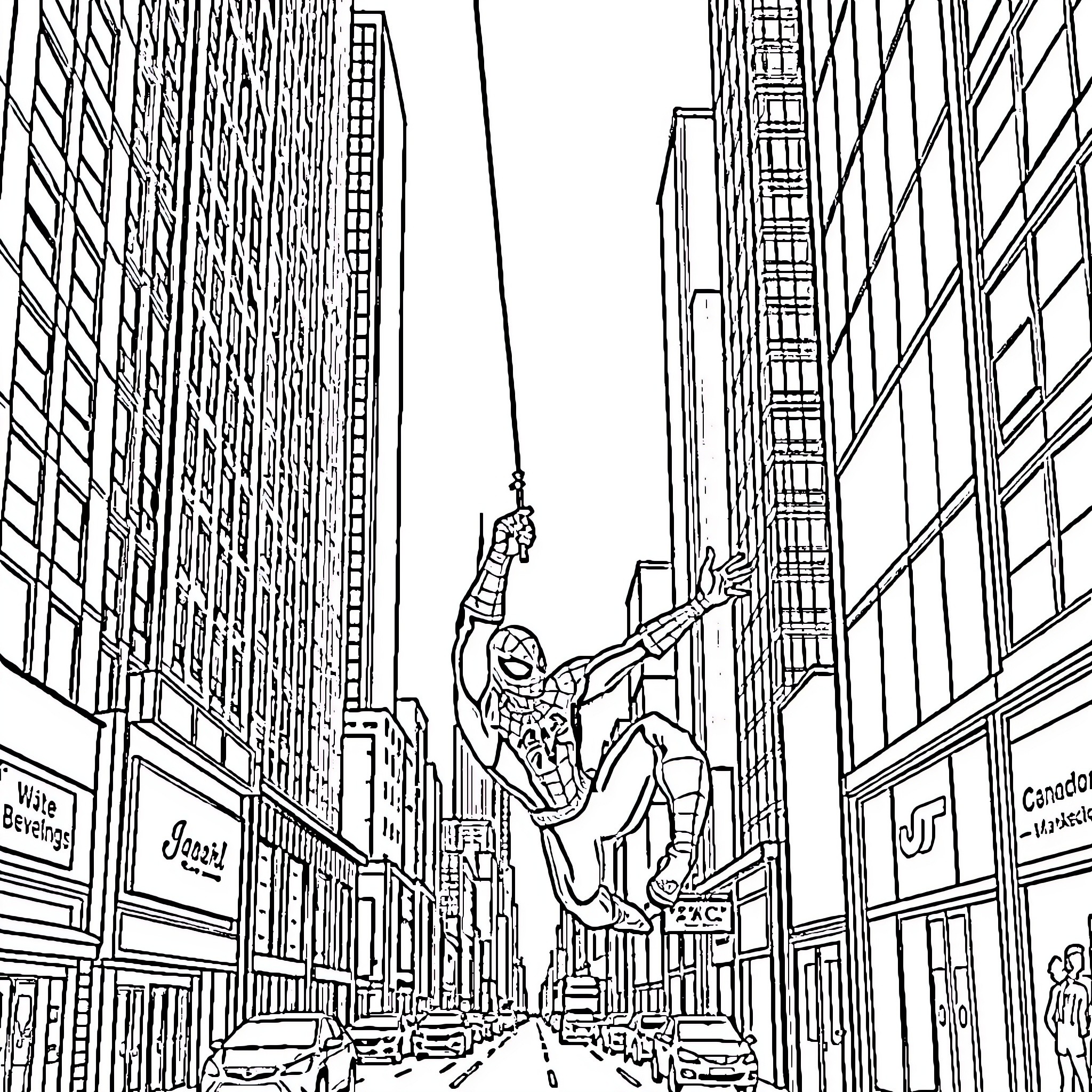 Spiderman swinging through the bustling city streets Coloring Page (free black-and-white line drawing printable PDF for all, from beginners to advanced learners, including children, teens, adults, and seniors)