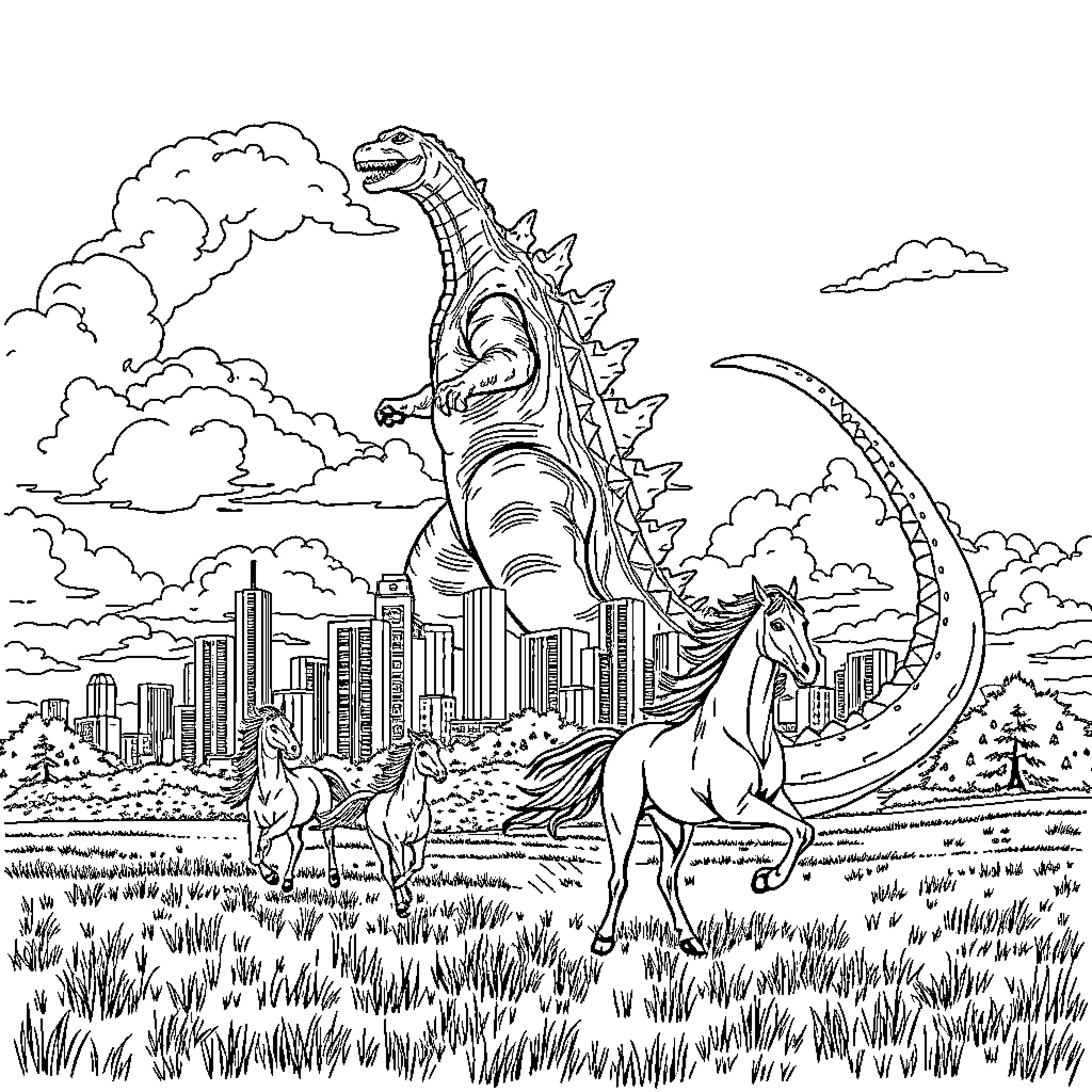 Godzilla rampages through the city with horses in the foreground Coloring Page (free black-and-white line drawing printable PDF for all, from beginners to advanced learners, including children, teens, adults, and seniors)