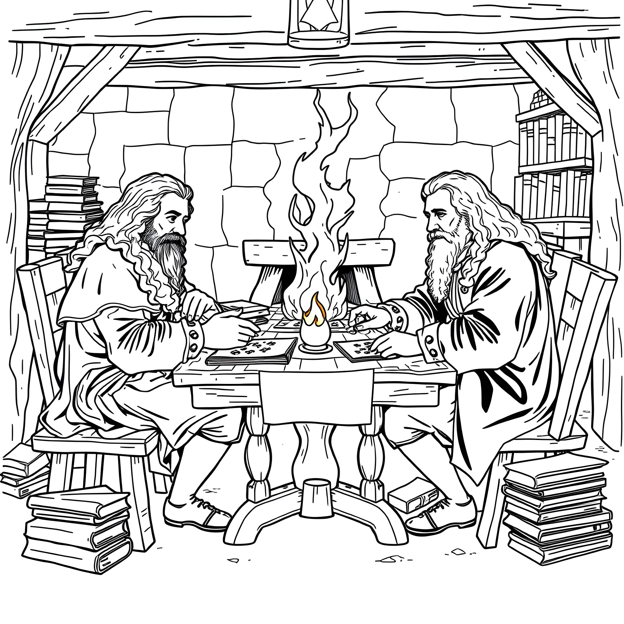 Philosopher's Scholarly Discussion in Cozy Library Coloring Page (free black-and-white line drawing printable PDF for all, from beginners to advanced learners, including children, teens, adults, and seniors)