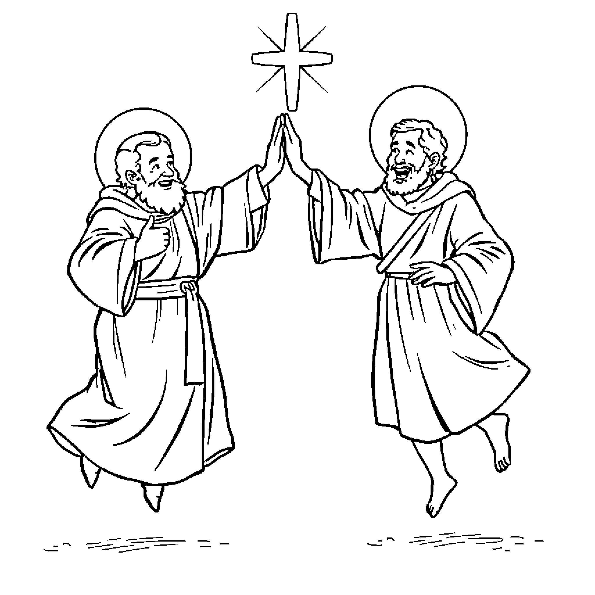 Saint Monks Engaged in Spiritual Devotion Coloring Page (free black-and-white line drawing printable PDF for all, from beginners to advanced learners, including children, teens, adults, and seniors)