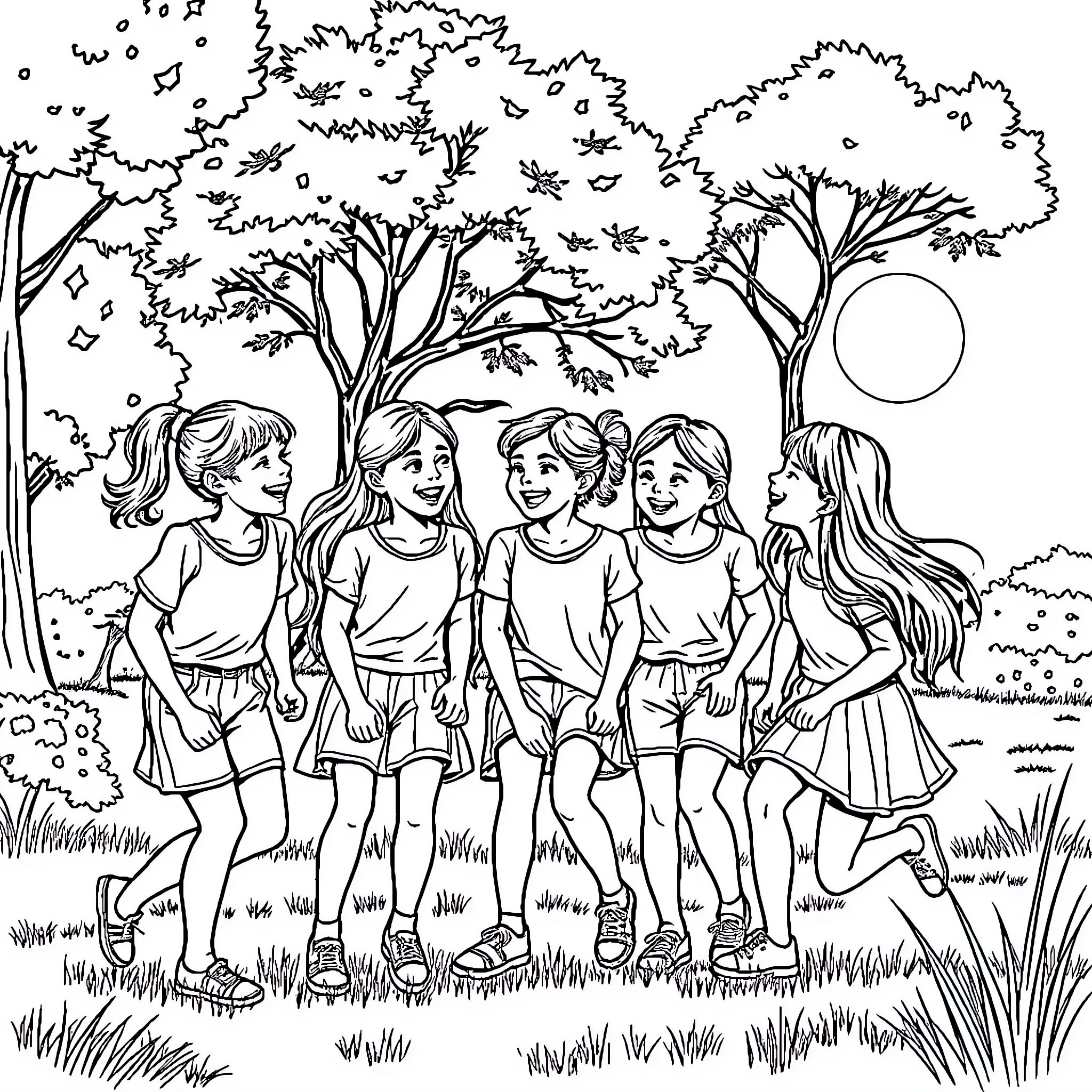 Friend group enjoying nature together Coloring Page (free black-and-white line drawing printable PDF for all, from beginners to advanced learners, including children, teens, adults, and seniors)