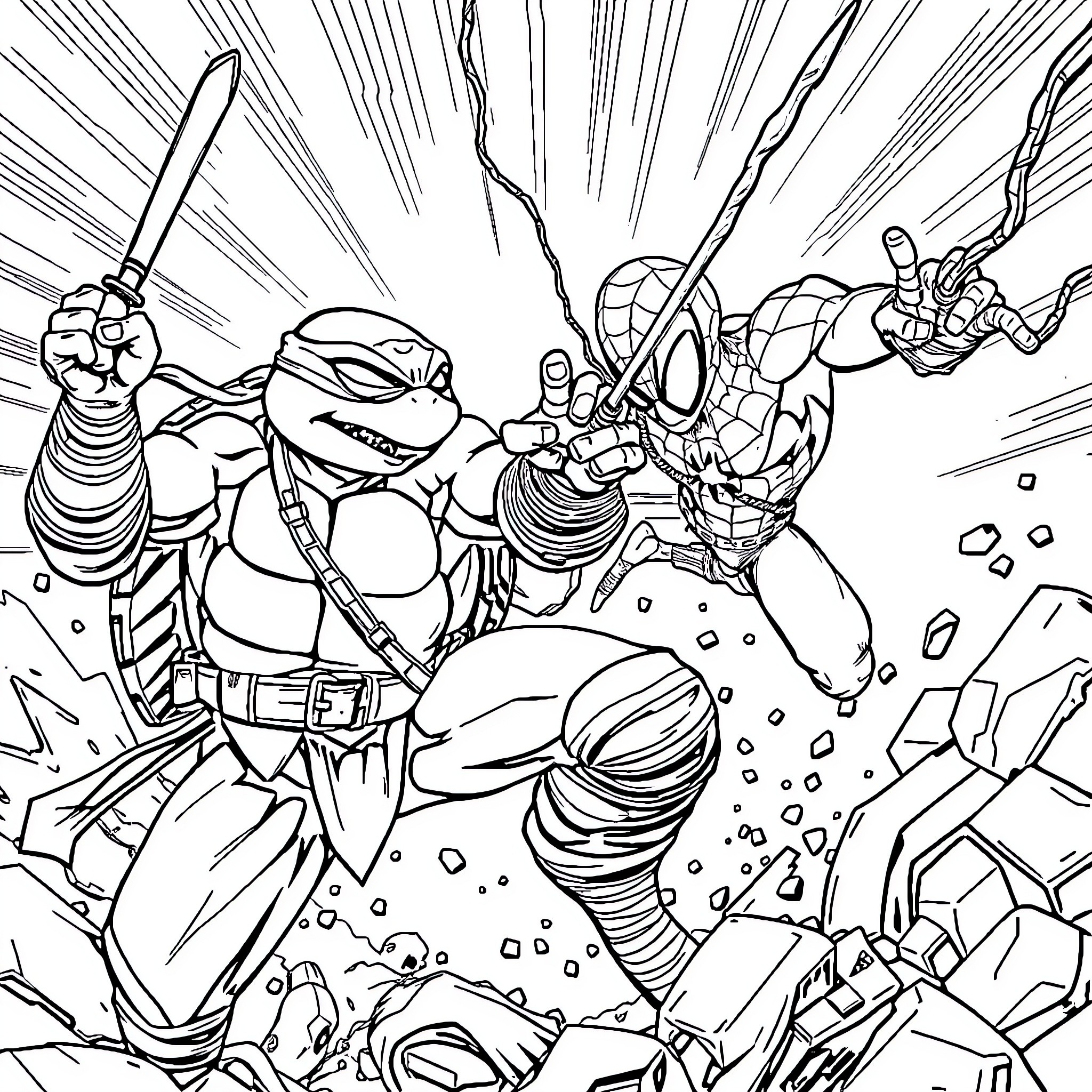 Ninja Turtles in action-packed battle Coloring Page (free black-and-white line drawing printable PDF for all, from beginners to advanced learners, including children, teens, adults, and seniors)