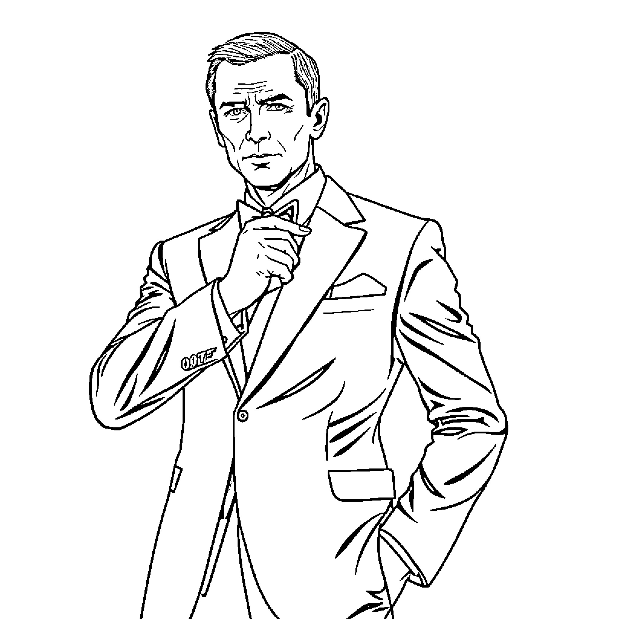 James Bond in Formal Attire, Poised and Focused Coloring Page (free black-and-white line drawing printable PDF for all, from beginners to advanced learners, including children, teens, adults, and seniors)