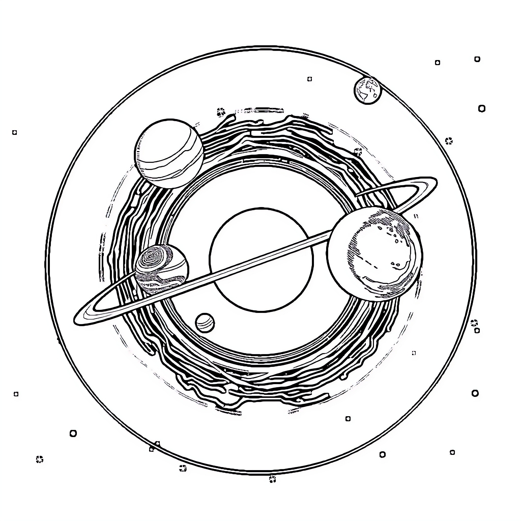 Solar System with Planets and Celestial Objects Coloring Page (free black-and-white line drawing printable PDF for all, from beginners to advanced learners, including children, teens, adults, and seniors)