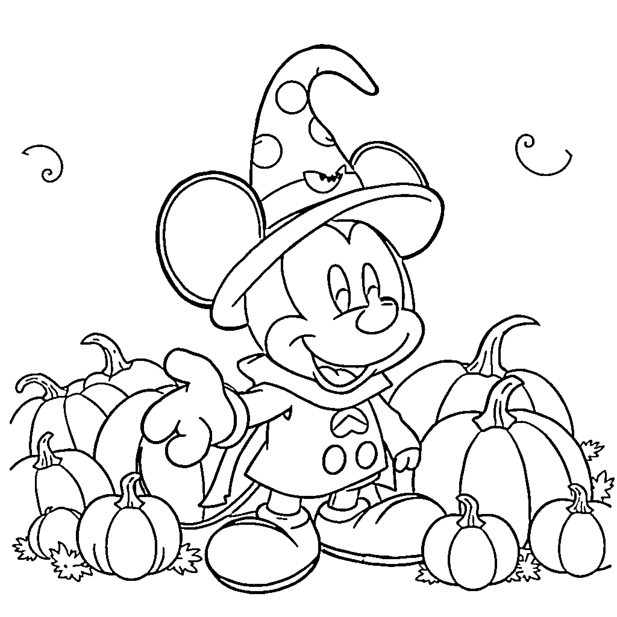 Mickey Mouse enjoying pumpkins and Halloween decorations Coloring Page (free black-and-white line drawing printable PDF for all, from beginners to advanced learners, including children, teens, adults, and seniors)