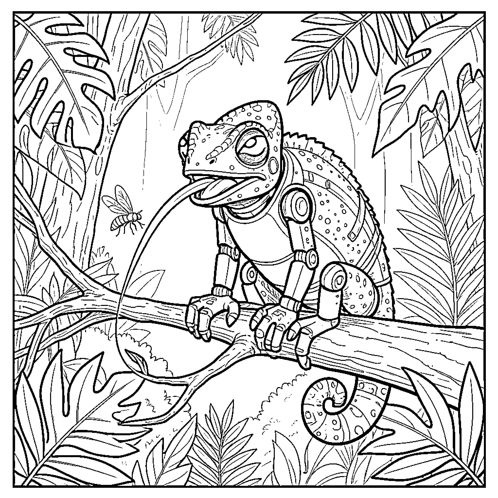 Chameleon catching a flying insect on a branch Coloring Page (free black-and-white line drawing printable PDF for all, from beginners to advanced learners, including children, teens, adults, and seniors)