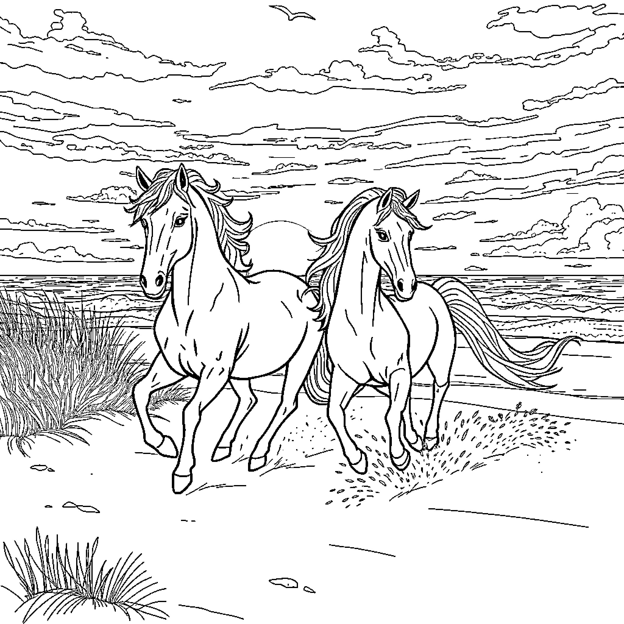 Unicorn Horses Running Freely Through Meadow Coloring Page (free black-and-white line drawing printable PDF for all, from beginners to advanced learners, including children, teens, adults, and seniors)
