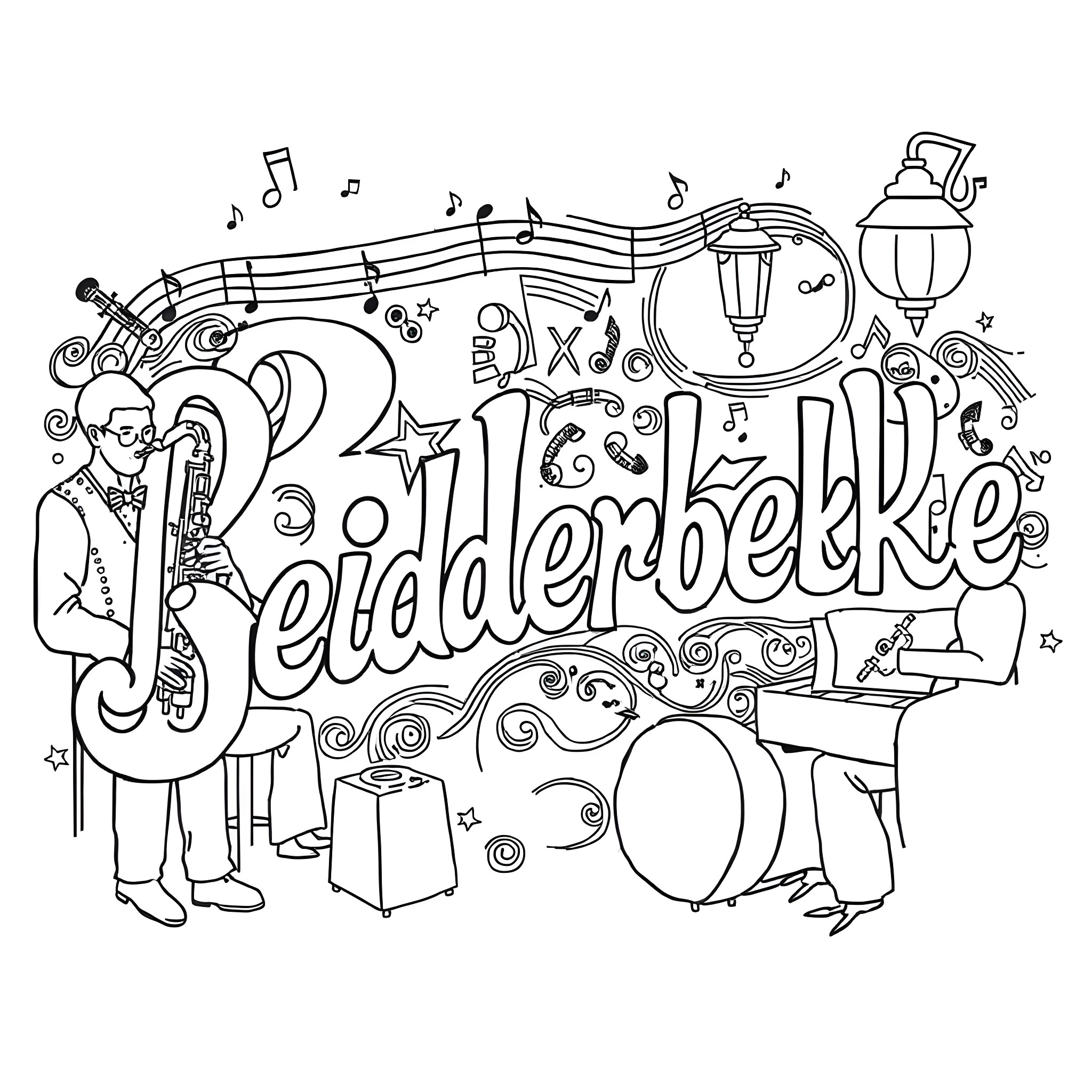 Bix Beiderbecke playing jazz music with bandmates Coloring Page (free black-and-white line drawing printable PDF for all, from beginners to advanced learners, including children, teens, adults, and seniors)