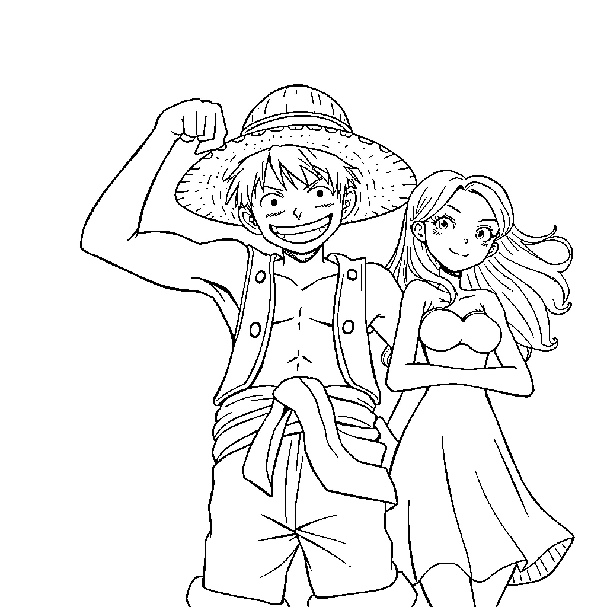 Monkey D Luffy and Nami in adventure attire Coloring Page (free black-and-white line drawing printable PDF for all, from beginners to advanced learners, including children, teens, adults, and seniors)
