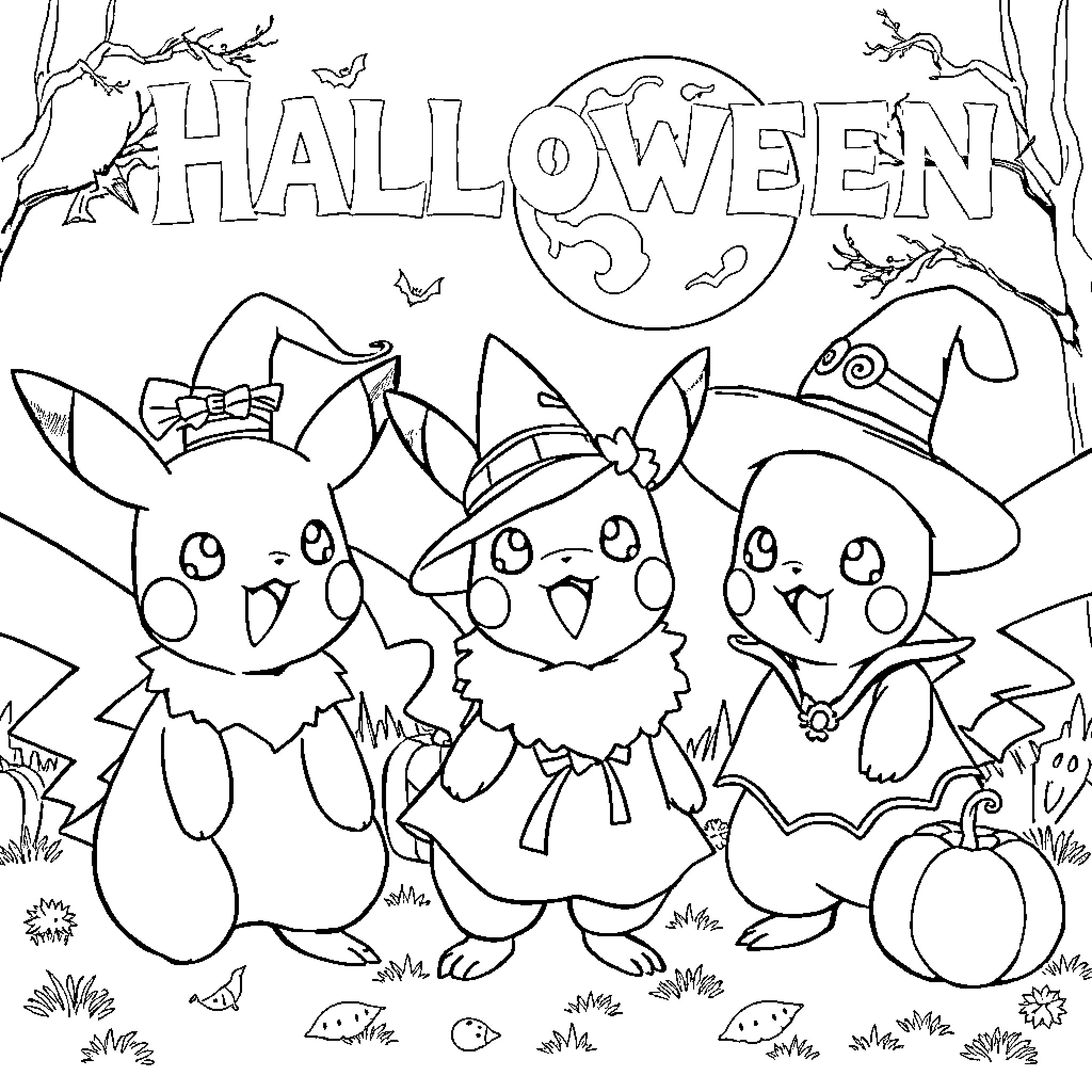 Pokémon characters celebrate Halloween with costumes Coloring Page (free black-and-white line drawing printable PDF for all, from beginners to advanced learners, including children, teens, adults, and seniors)