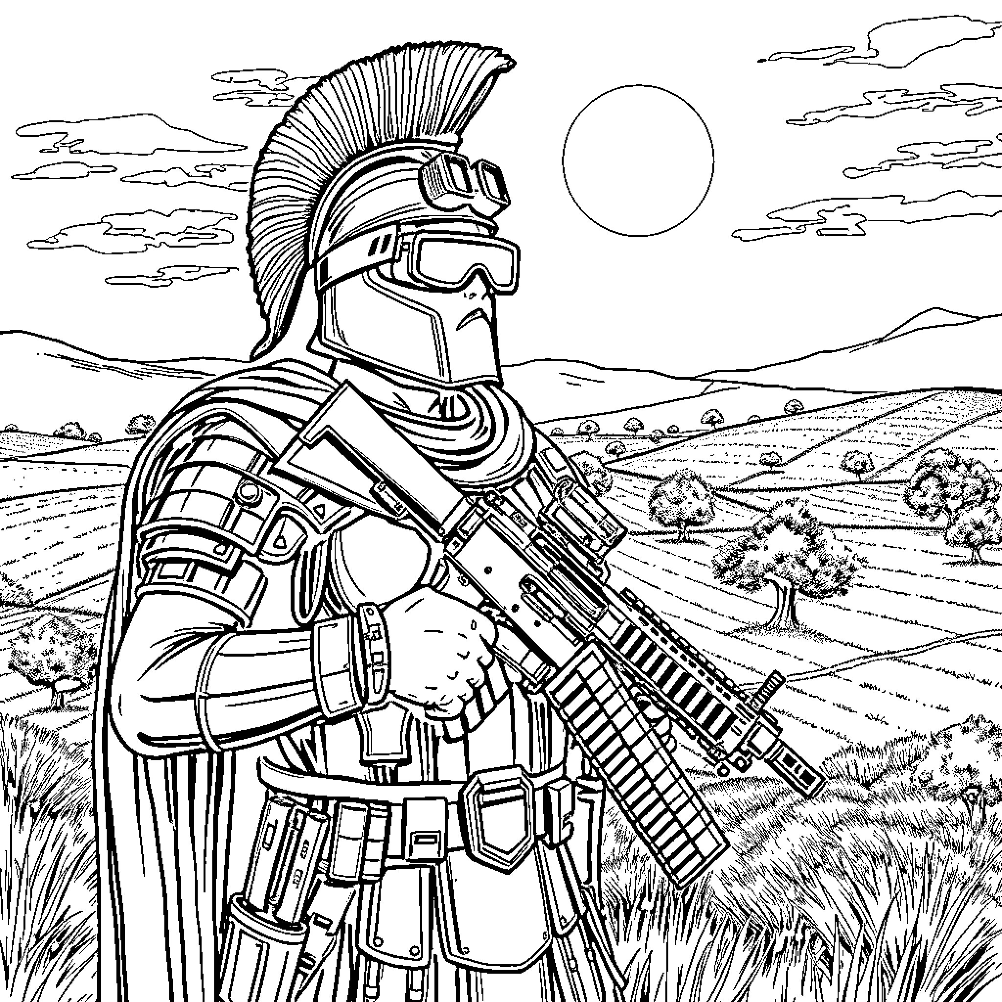 Soldier in armored uniform on the battlefield Coloring Page (free black-and-white line drawing printable PDF for all, from beginners to advanced learners, including children, teens, adults, and seniors)