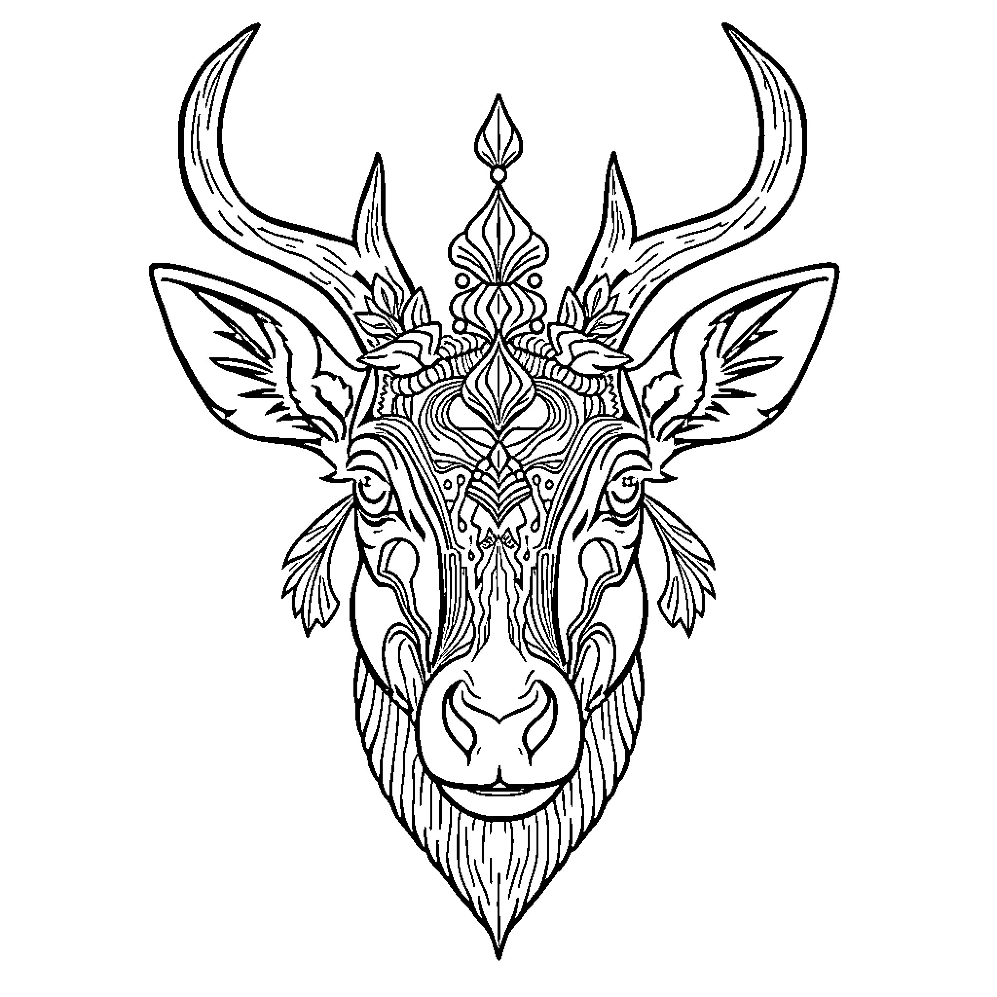 Cerf Ornate Deer Head with Intricate Patterns Coloring Page (free black-and-white line drawing printable PDF for all, from beginners to advanced learners, including children, teens, adults, and seniors)