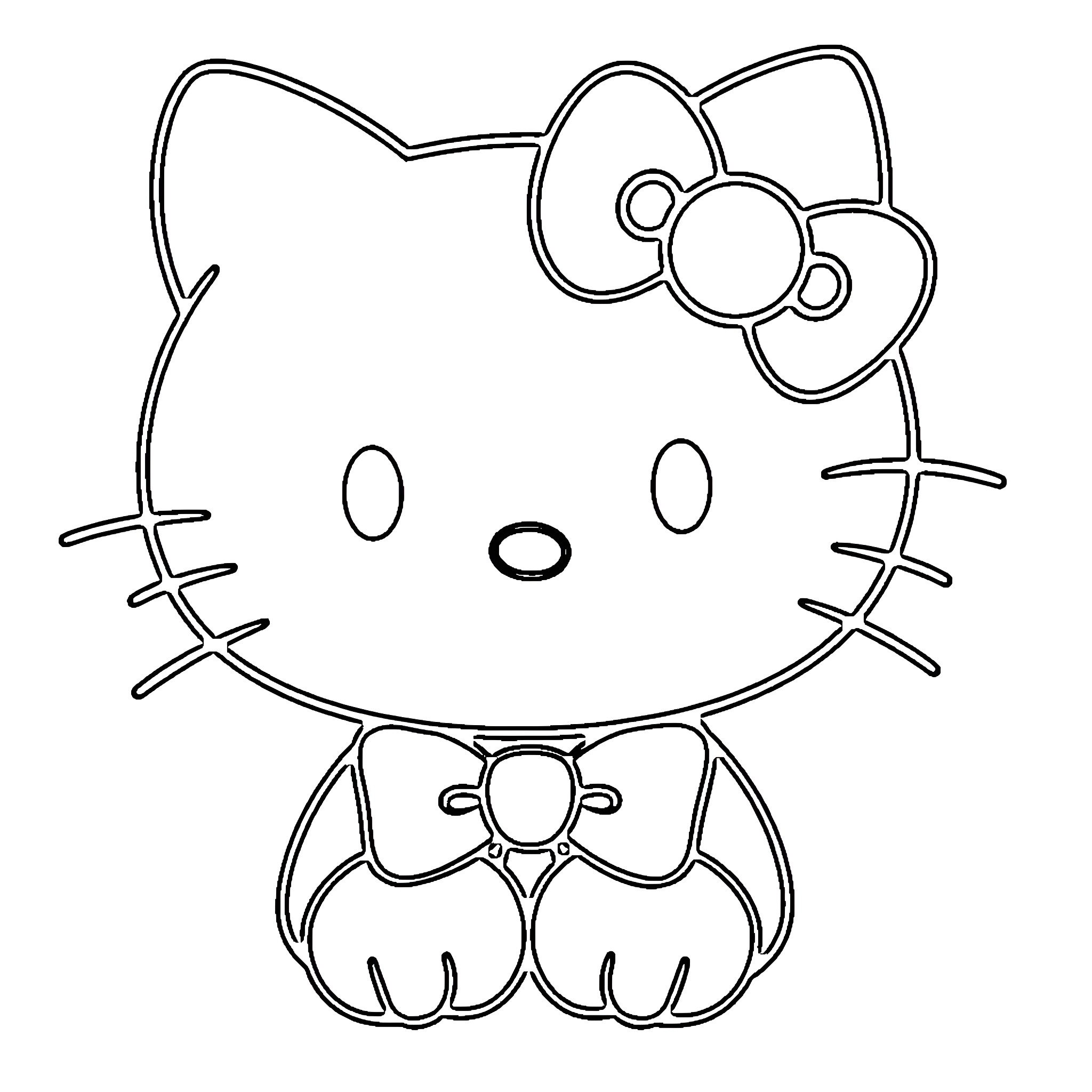 Hello Kitty with bow tie sitting happily Coloring Page (free black-and-white line drawing printable PDF for all, from beginners to advanced learners, including children, teens, adults, and seniors)