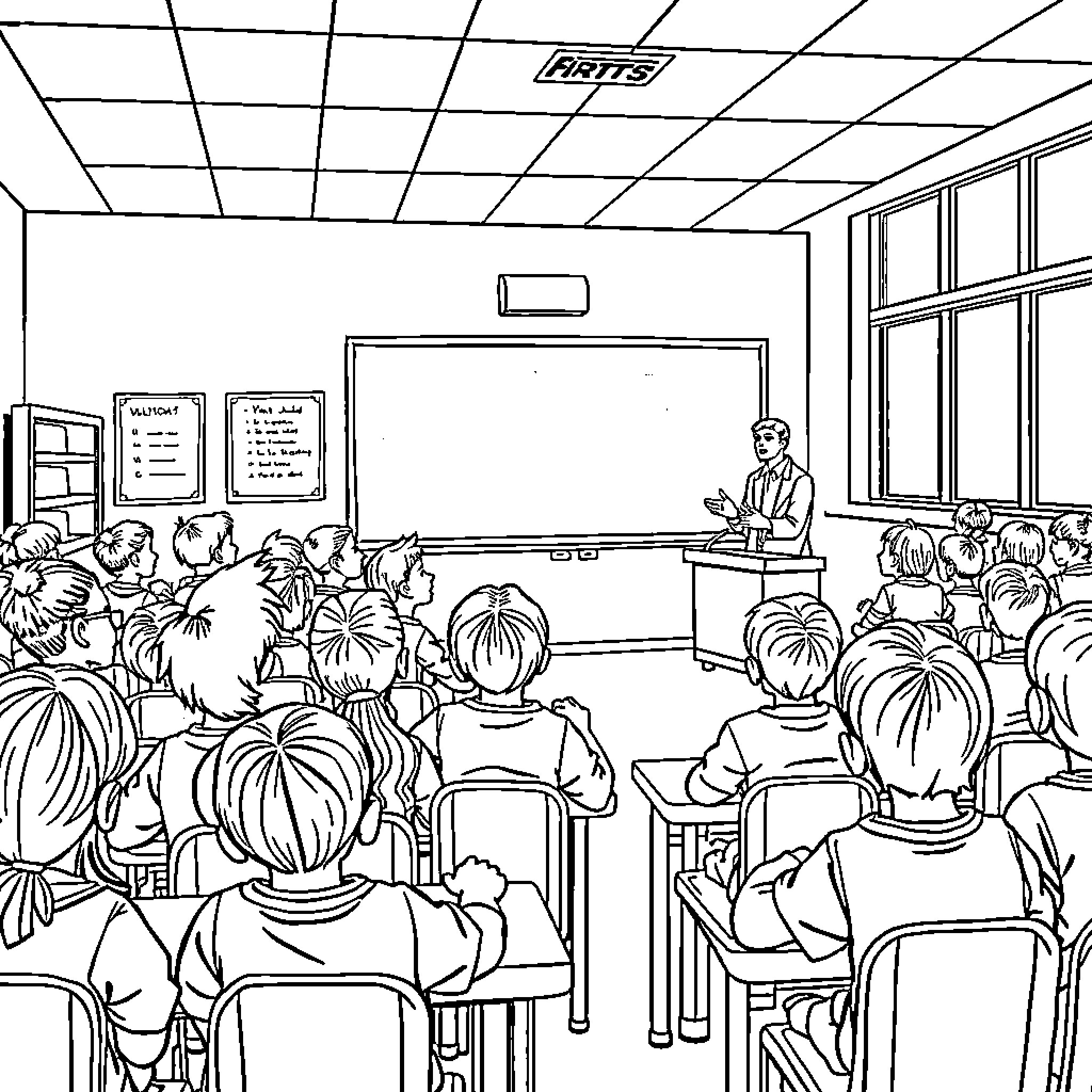 Classroom Full of Attentive Students Listening to Instructor Coloring Page (free black-and-white line drawing printable PDF for all, from beginners to advanced learners, including children, teens, adults, and seniors)