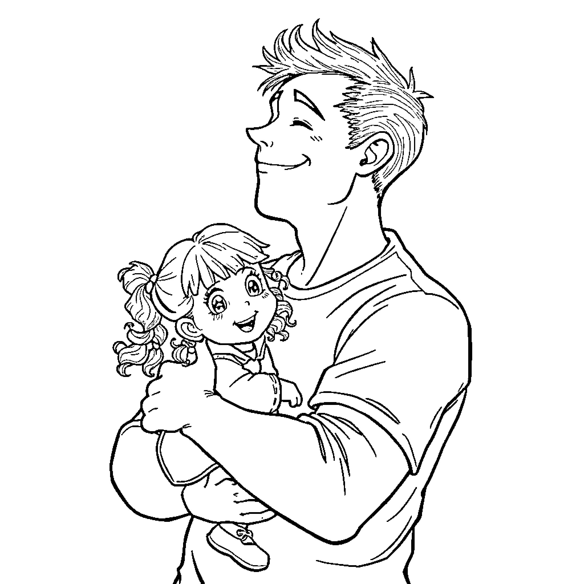 Homme holding young girl affectionately Coloring Page (free black-and-white line drawing printable PDF for all, from beginners to advanced learners, including children, teens, adults, and seniors)