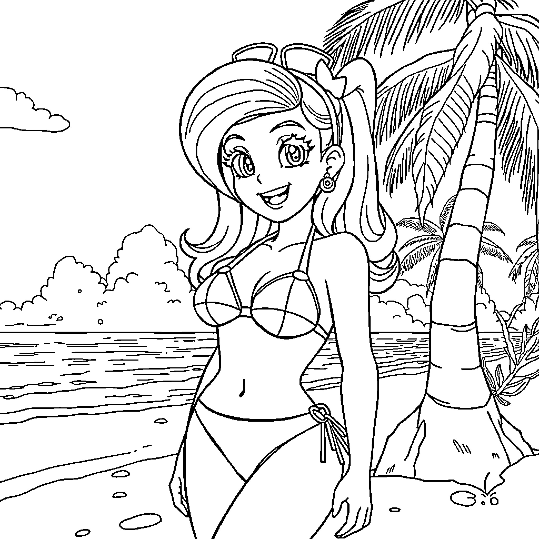 Bulma enjoying a day at the beach Coloring Page (free black-and-white line drawing printable PDF for all, from beginners to advanced learners, including children, teens, adults, and seniors)