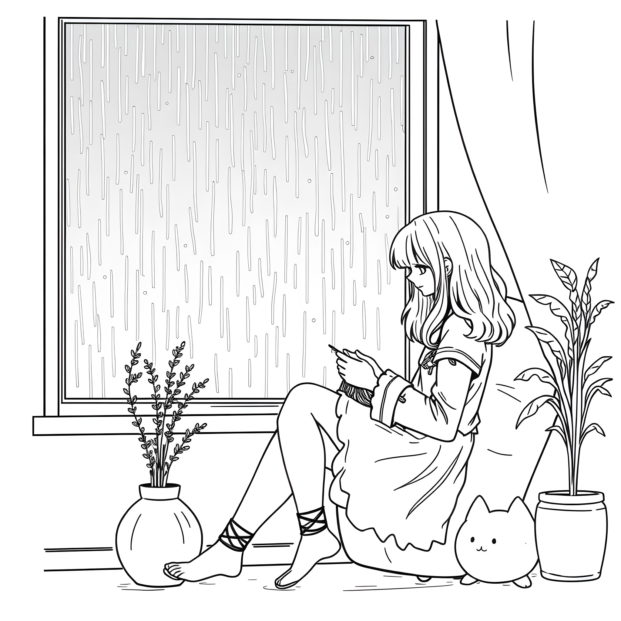 Goth Girl Gazing Thoughtfully by the Window Coloring Page (free black-and-white line drawing printable PDF for all, from beginners to advanced learners, including children, teens, adults, and seniors)