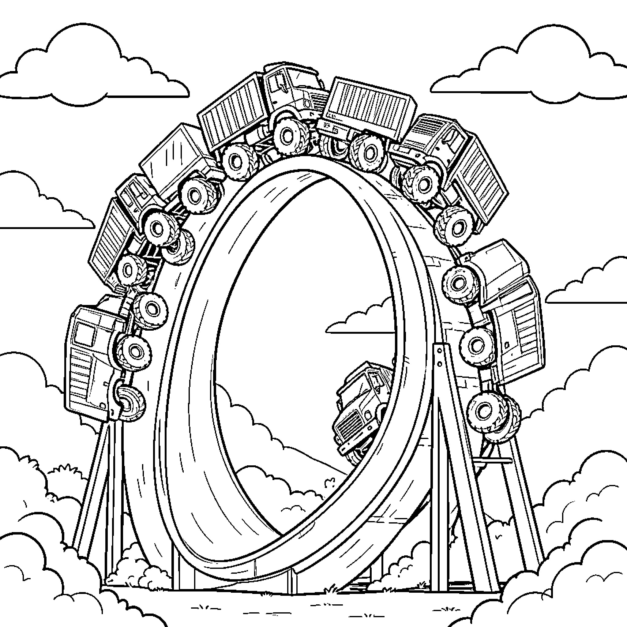 Monster Truck driving through a massive circular loop Coloring Page (free black-and-white line drawing printable PDF for all, from beginners to advanced learners, including children, teens, adults, and seniors)