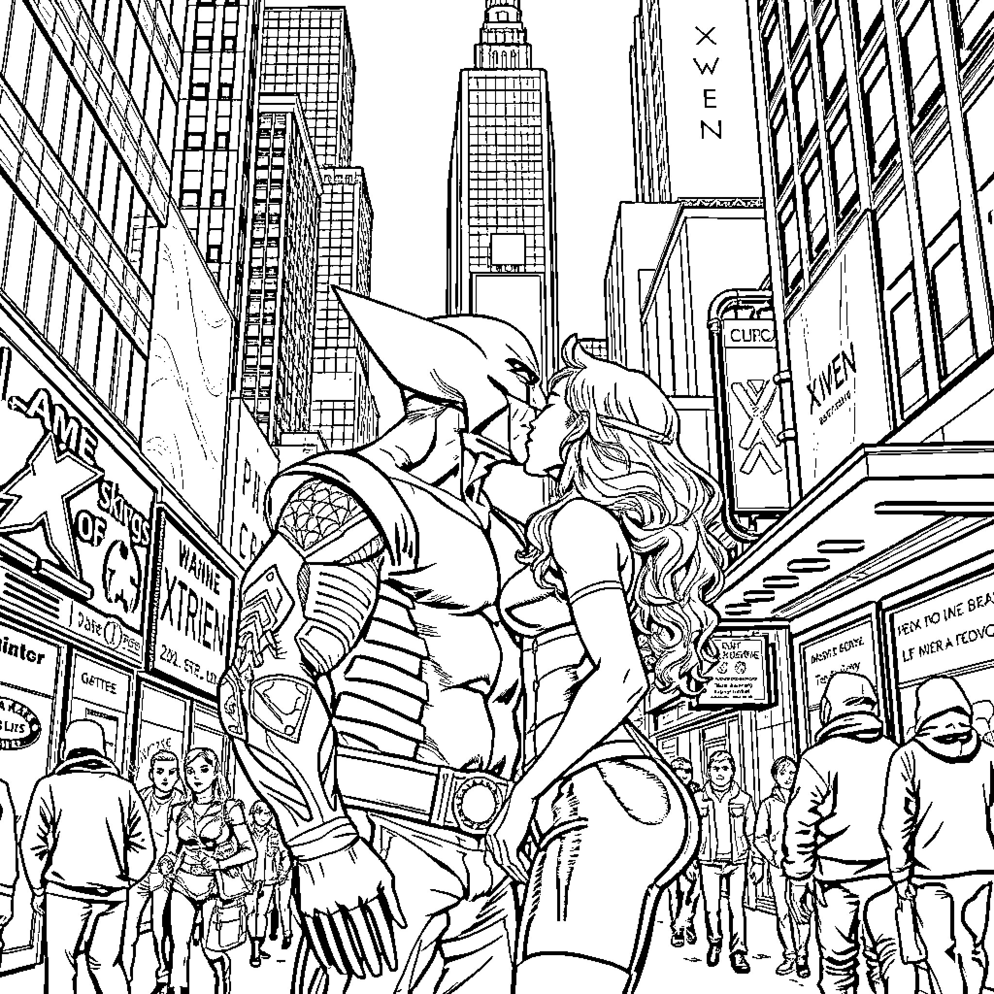Wolverine Protecting Woman in Crowded City Coloring Page (free black-and-white line drawing printable PDF for all, from beginners to advanced learners, including children, teens, adults, and seniors)