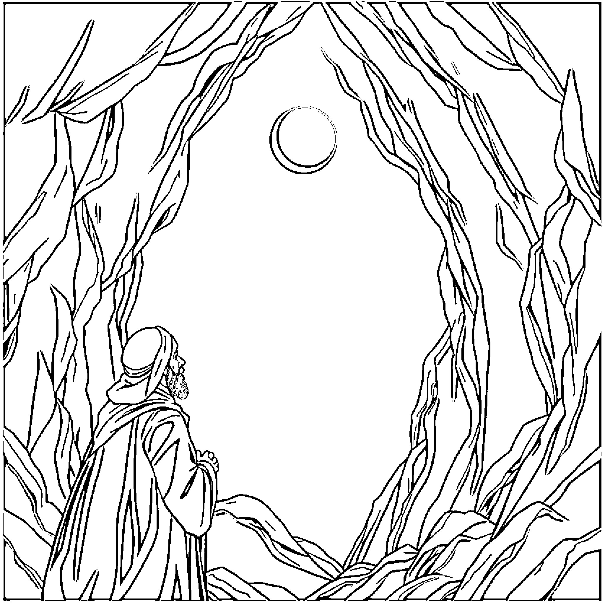 Imam Mehdi in a mystical, ethereal landscape Coloring Page (free black-and-white line drawing printable PDF for all, from beginners to advanced learners, including children, teens, adults, and seniors)