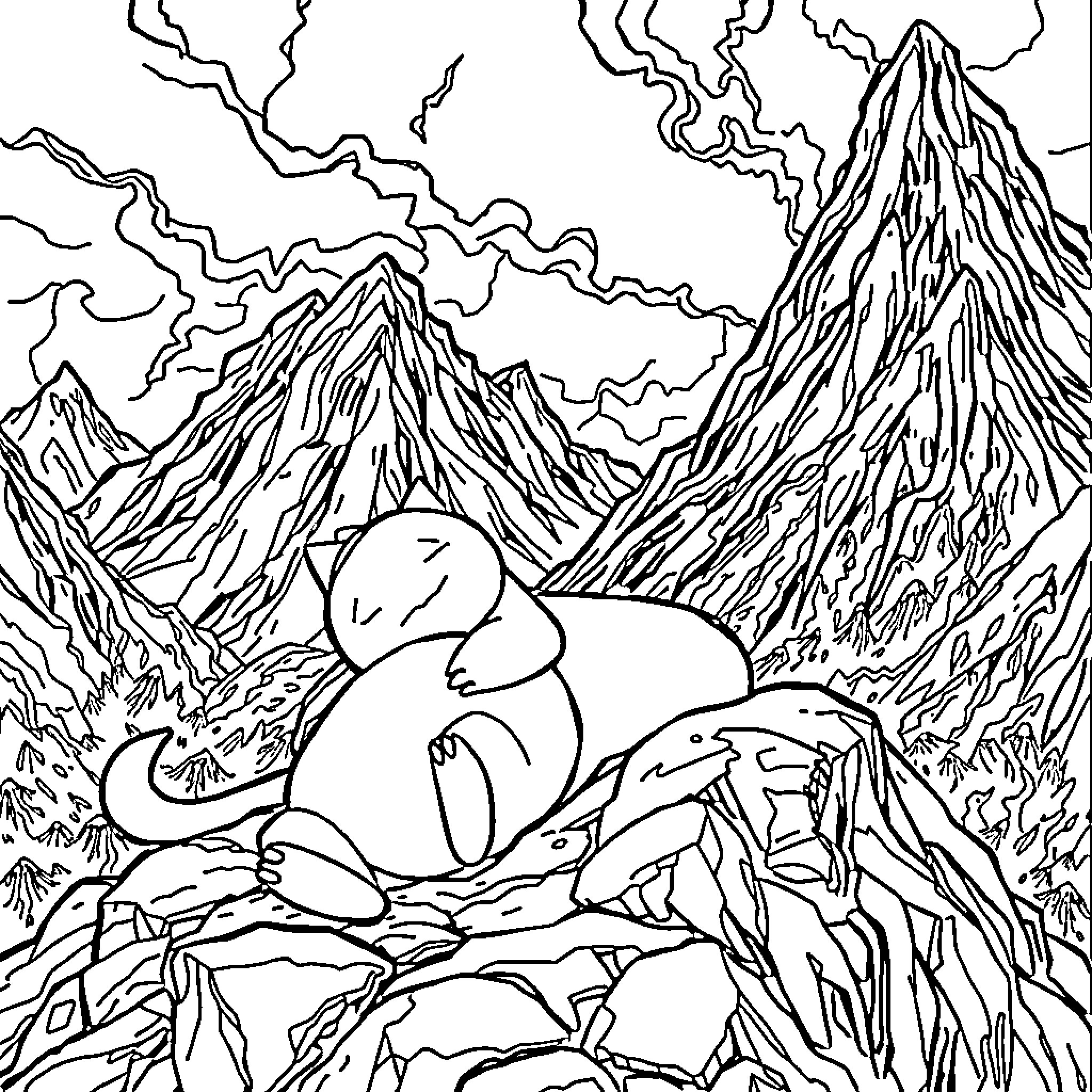Snorlax resting peacefully in the mountains Coloring Page (free black-and-white line drawing printable PDF for all, from beginners to advanced learners, including children, teens, adults, and seniors)