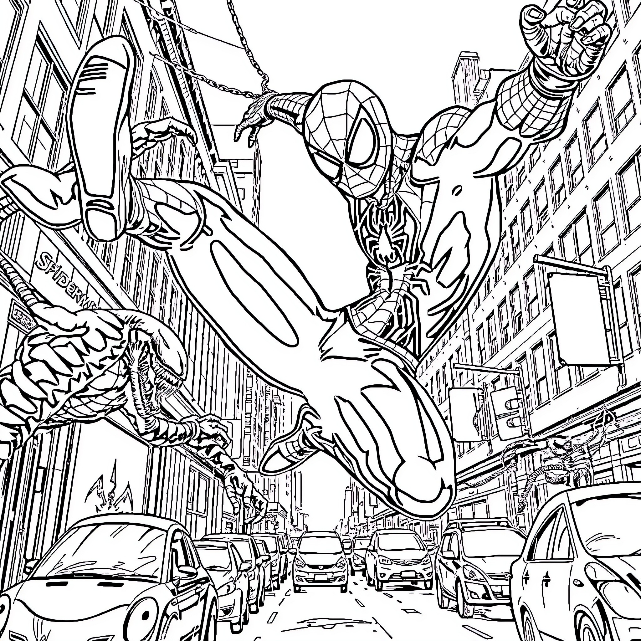 Spiderman swinging through the city streets Coloring Page (free black-and-white line drawing printable PDF for all, from beginners to advanced learners, including children, teens, adults, and seniors)