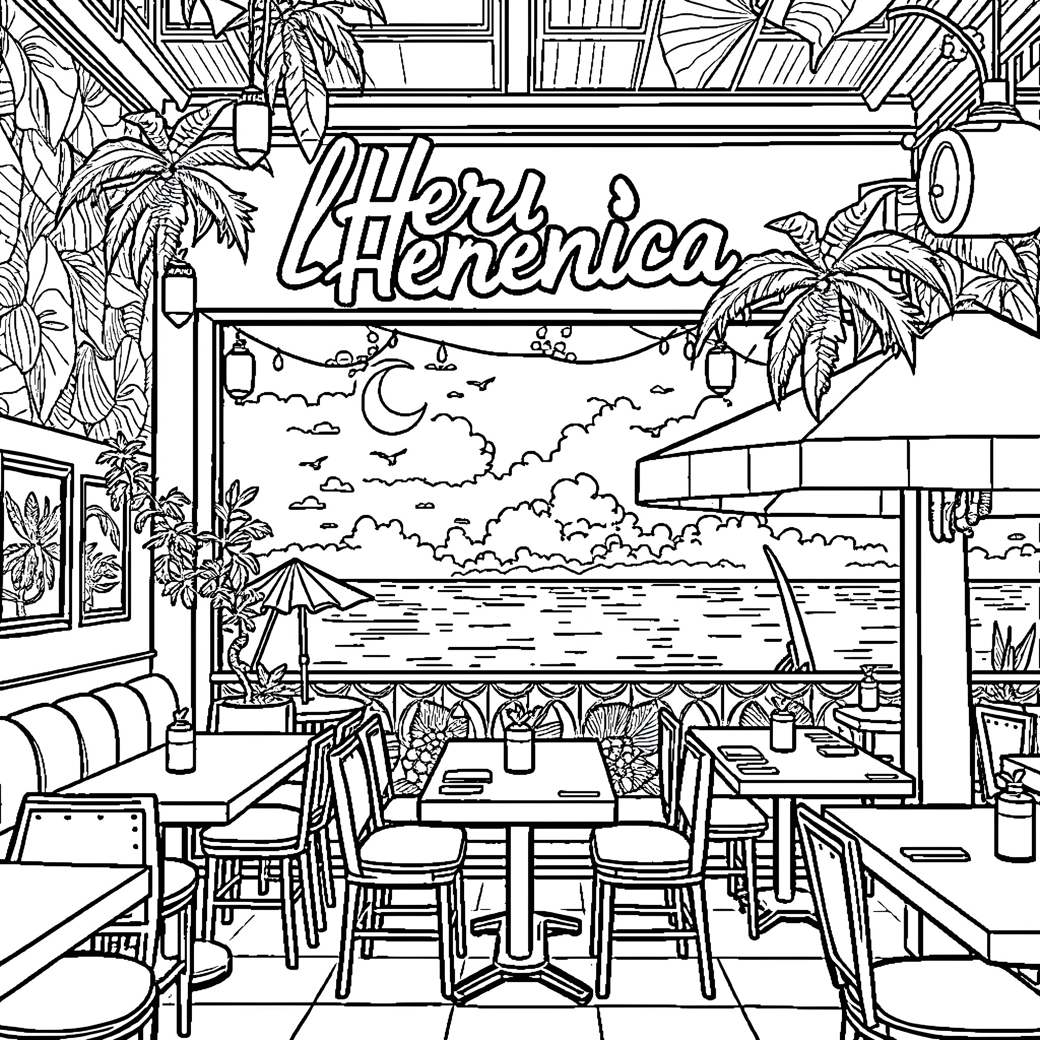 Herenica: Tropical Oceanside Restaurant Scene Coloring Page (free black-and-white line drawing printable PDF for all, from beginners to advanced learners, including children, teens, adults, and seniors)