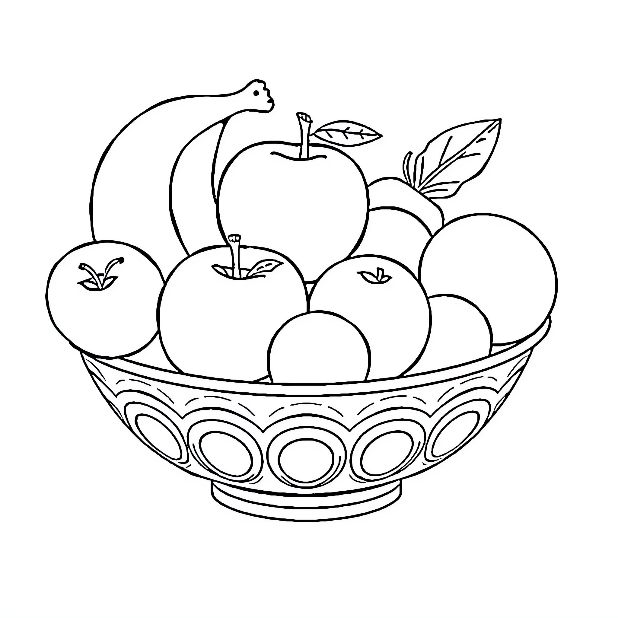Fruit Basket Filled with Assorted Fruits Coloring Page (free black-and-white line drawing printable PDF for all, from beginners to advanced learners, including children, teens, adults, and seniors)