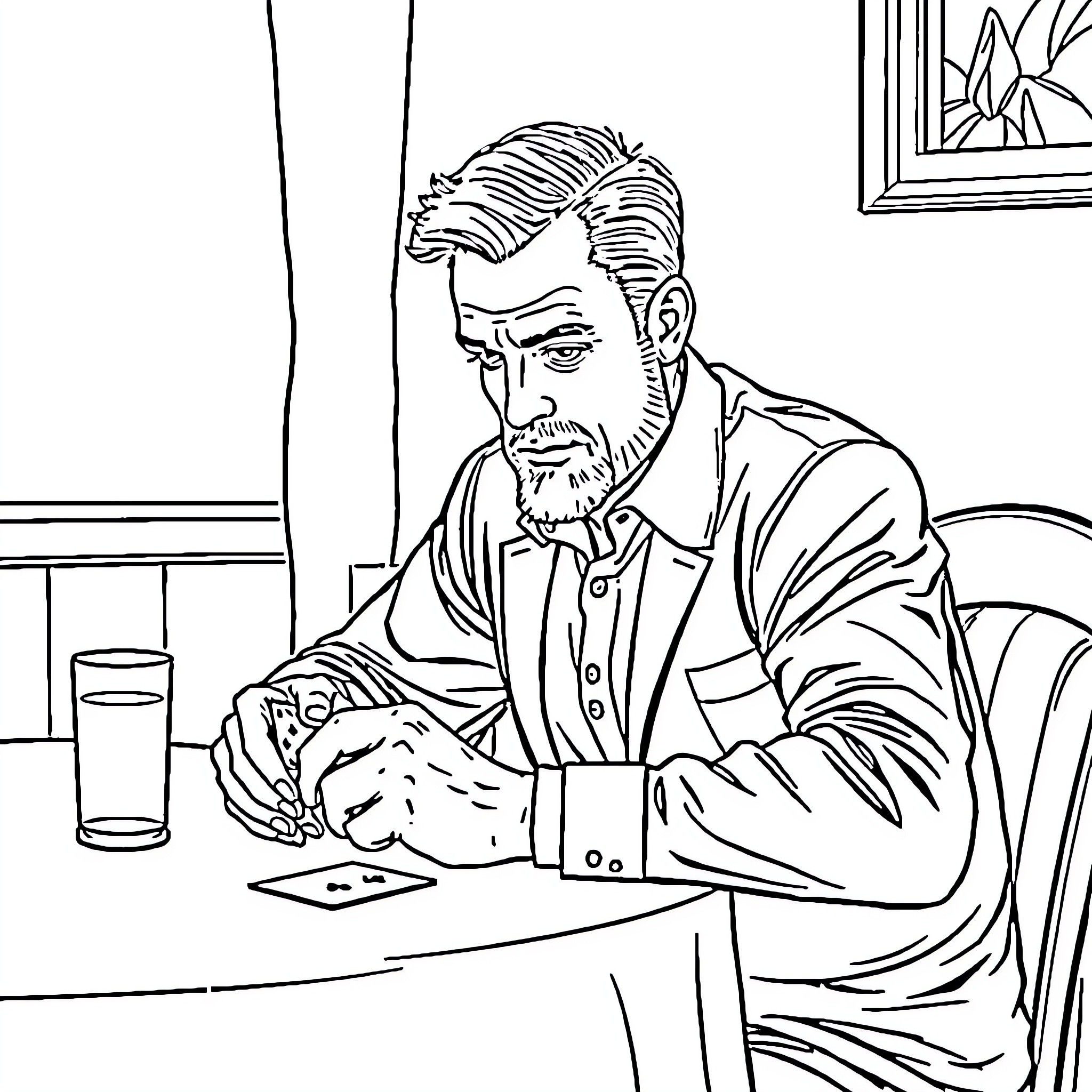 Husband worriedly looks at photograph Coloring Page (free black-and-white line drawing printable PDF for all, from beginners to advanced learners, including children, teens, adults, and seniors)