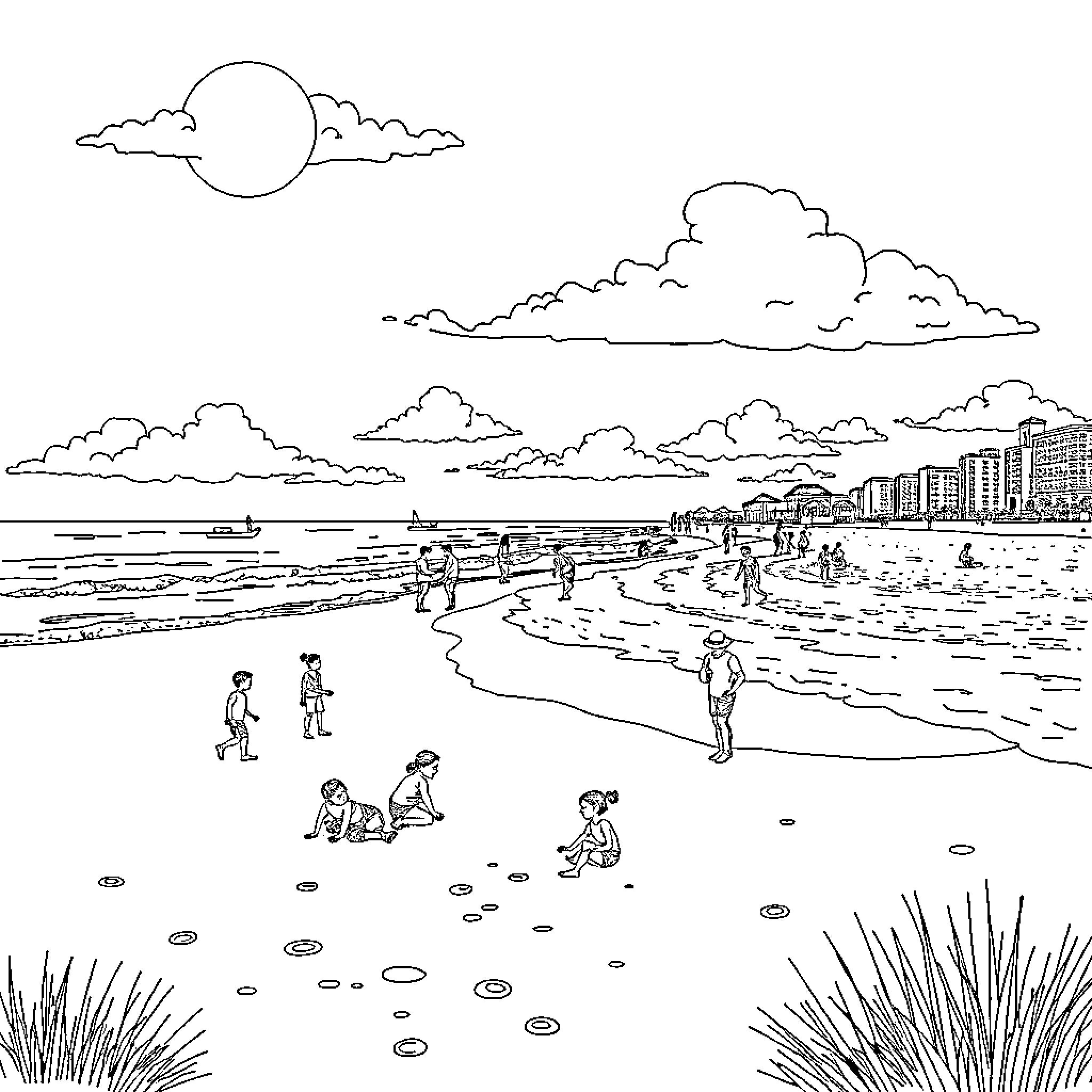 Beach scene with people enjoying the sunny day Coloring Page (free black-and-white line drawing printable PDF for all, from beginners to advanced learners, including children, teens, adults, and seniors)