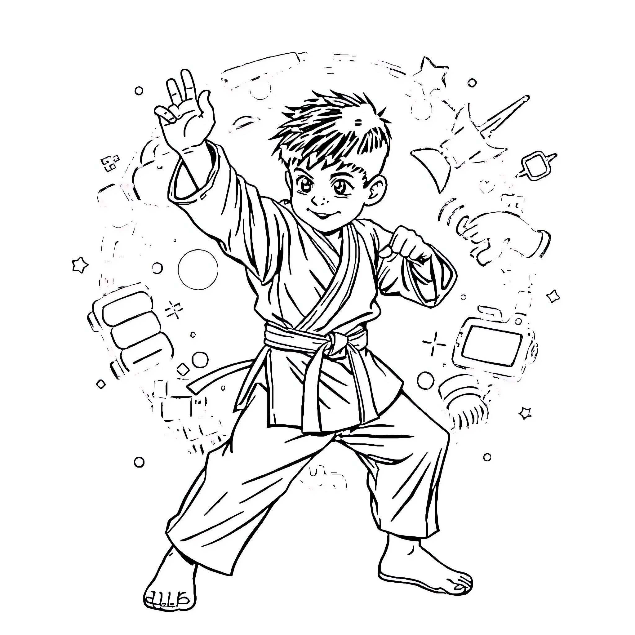 Boy performing martial arts with excitement Coloring Page (free black-and-white line drawing printable PDF for all, from beginners to advanced learners, including children, teens, adults, and seniors)